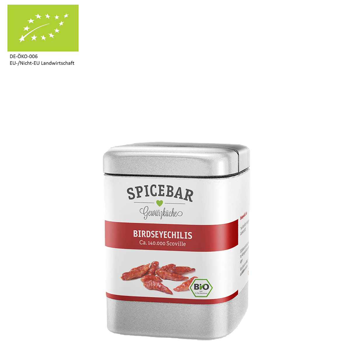 Spicebar Birdseyechilis Bio Gewürz in Metallbox mit EU-Bio-Logo
