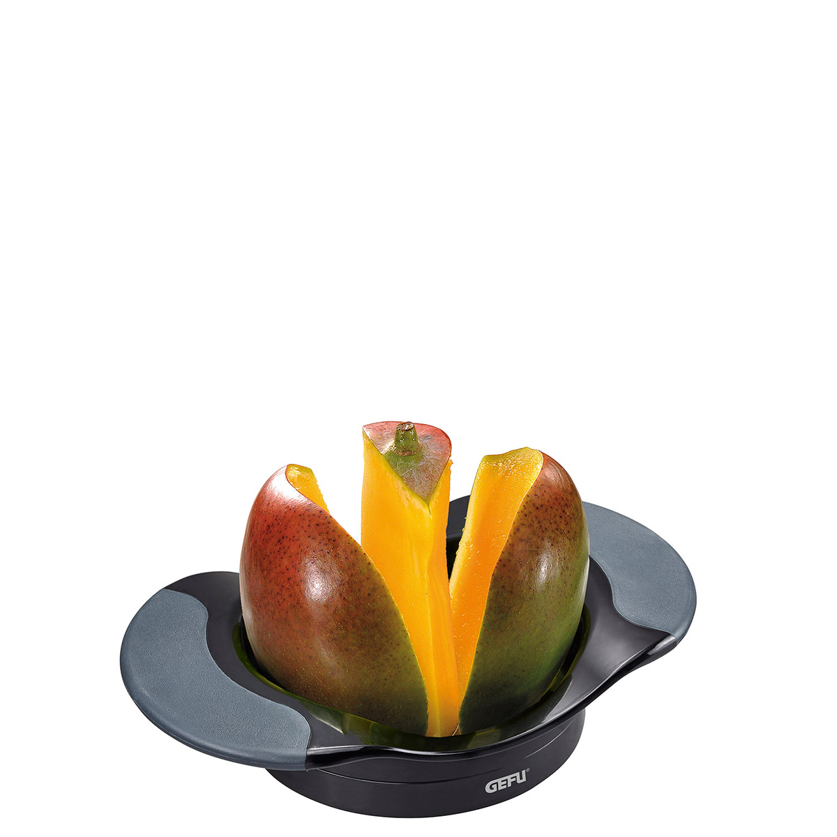 Mangoschneider zum einfachen Teilen und Entkernen von Mangos Mangoschneider teilt frische Mango in gleichmäßige Stücke