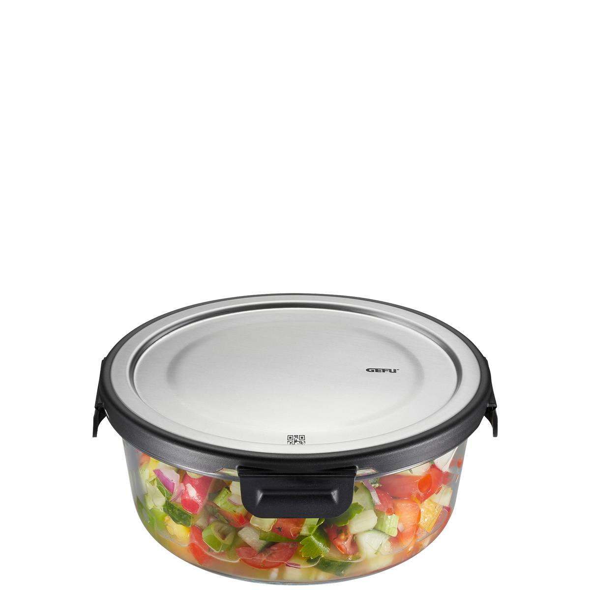 Runde Edelstahldose mit Frischhaltedeckel und frischem Salat Runde Edelstahldose mit schwarzem Deckel, gefüllt mit frischem Salat aus Tomaten, Gurken und Paprika