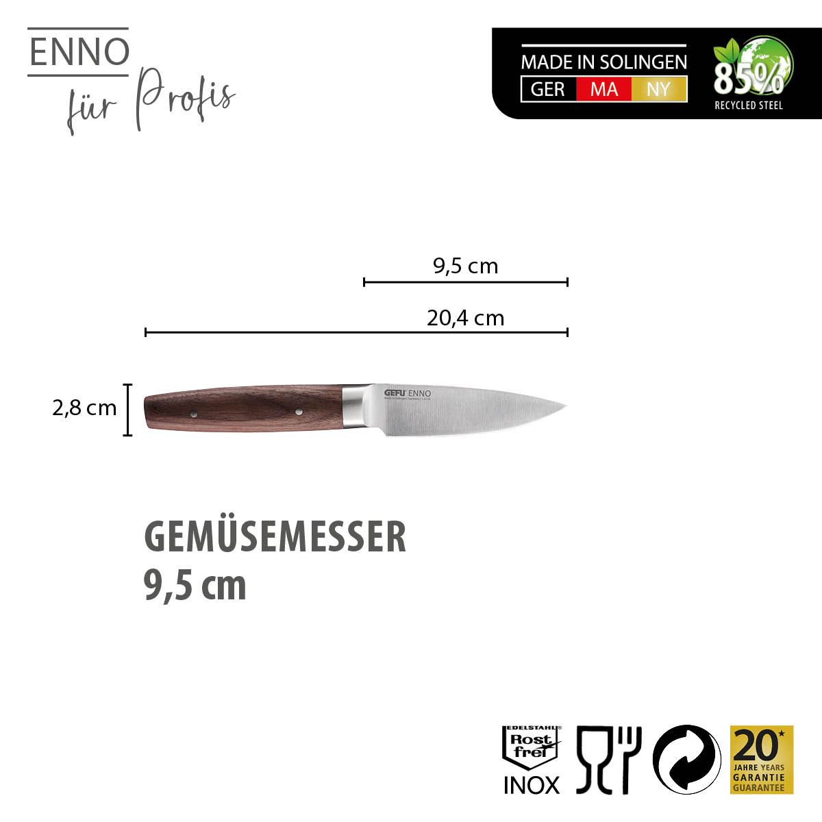 ENNO Gemüsemesser 9,5 cm aus recyceltem Edelstahl, gefertigt in Solingen Gemüsemesser ENNO 9,5 cm mit Holzgriff, 85% recycelter Edelstahl, hergestellt in Solingen