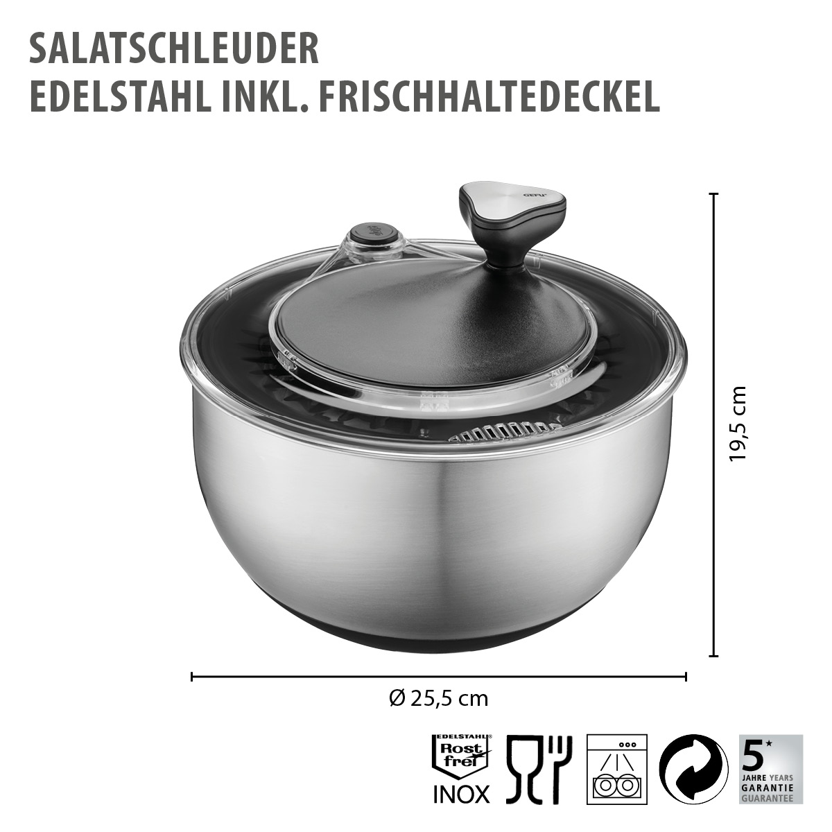 GEFU Salatschleuder aus Edelstahl mit Frischhaltedeckel