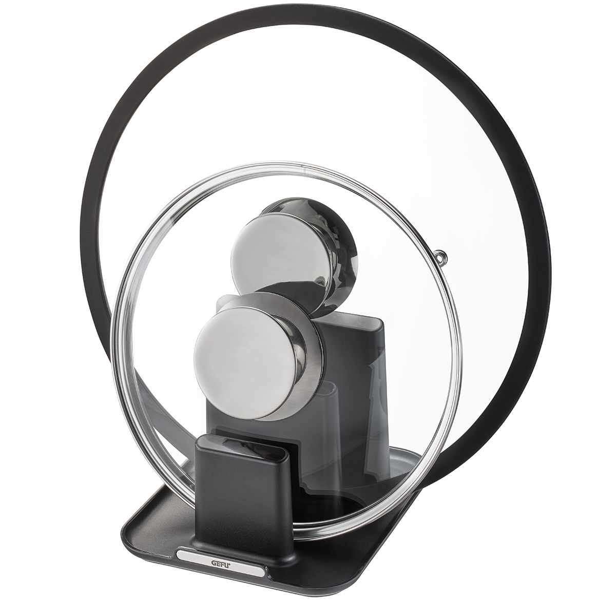 Praktischer Topfdeckelhalter mit modernen Funktionen Ein Topfdeckelhalter, der zwei Glasdeckel hält. Ideal für eine ordentliche Küchenorganisation.