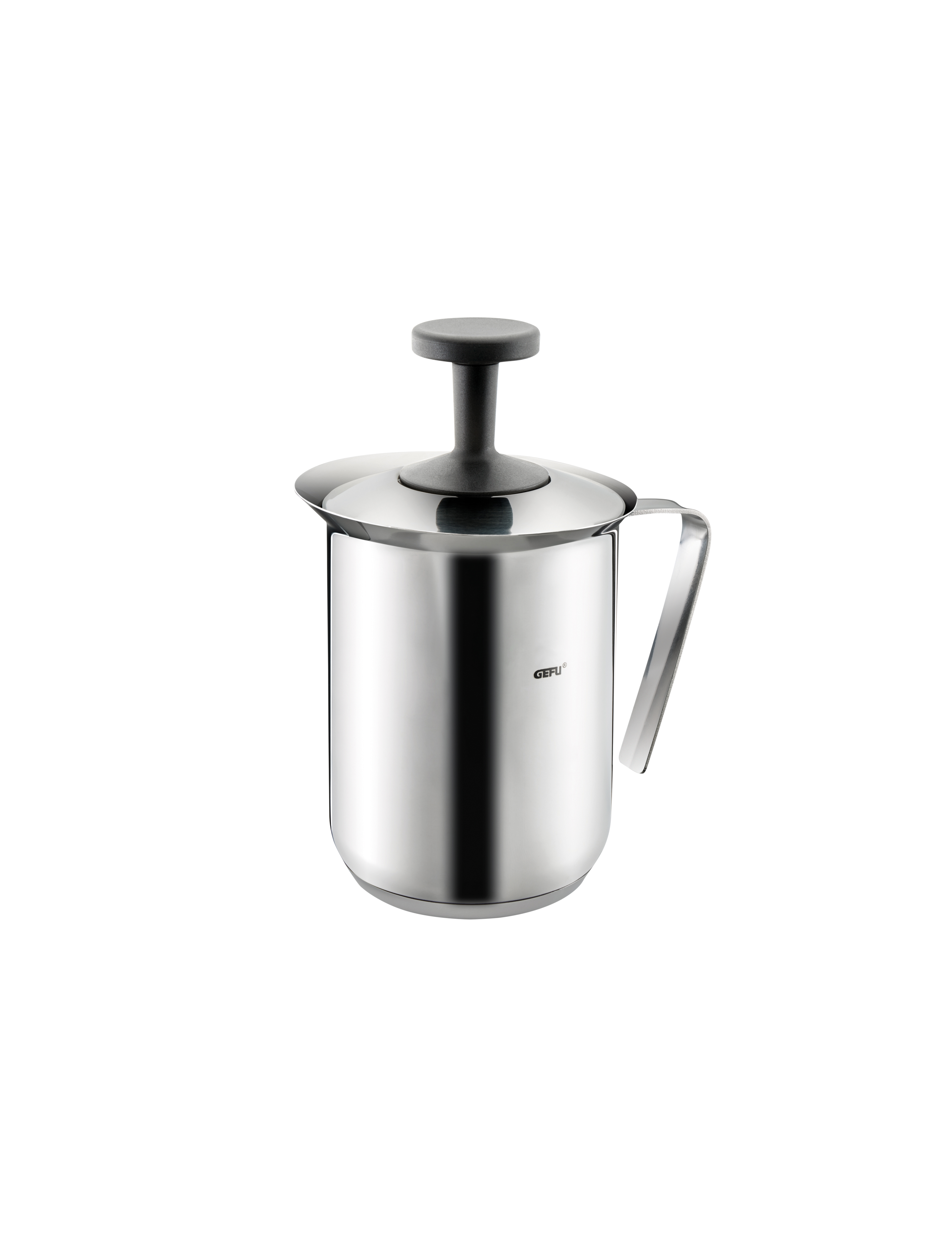 Edelstahl Milchaufschäumer mit Griff Ein Edelstahl Milchaufschäumer mit Deckel und Griff, ideal für Latte Art und Cappuccino Zubereitung