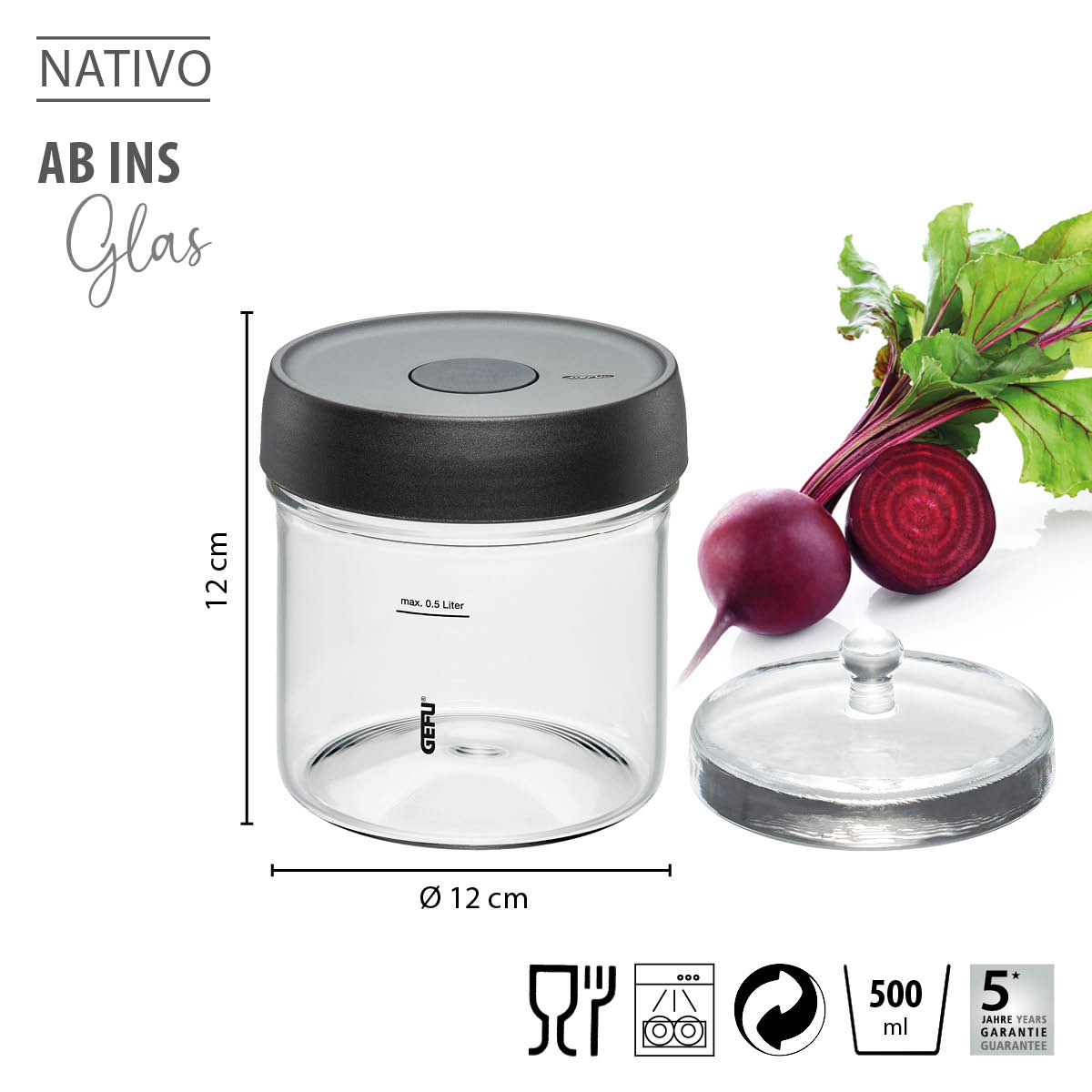 NATIVO Aufbewahrungsglas 500 ml mit Deckel - 12 cm Höhe und Durchmesser Glasbehälter NATIVO 500 ml mit schwarzem Deckel und Rote Bete, 12 cm Höhe und Durchmesser