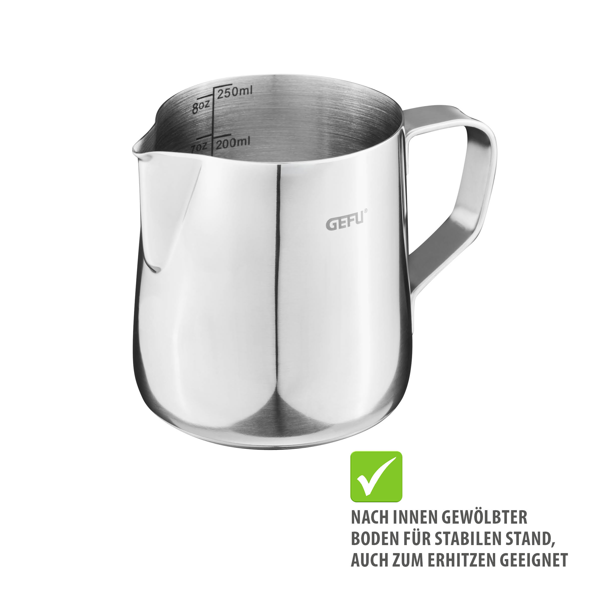 Milchkännchen BARISTA 250 ml von GEFU aus Edelstahl mit innenliegender ml- und fl.oz.-Skalierung, nach innen gewölbtem Boden, extraschlanker Ausgießnase und ergonomischem Henkel, ideal zum Erhitzen und Servieren von Milch und Sahne