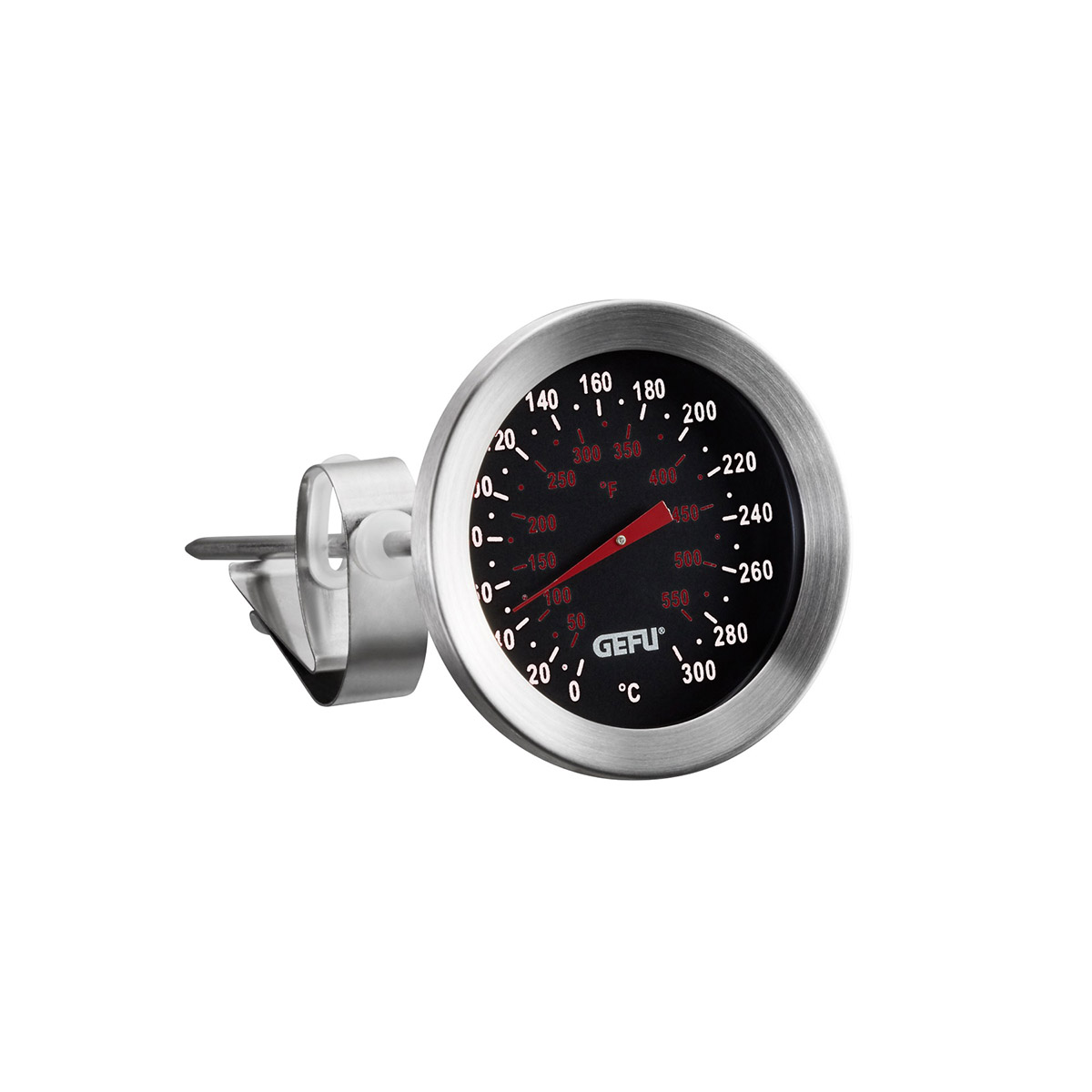 Ofenthermometer aus rostfreiem Stahl mit Temperaturanzeige in Celsius und Fahrenheit Ofenthermometer mit schwarzem Zifferblatt und Metallgehäuse, zeigt Temperaturen in Celsius und Fahrenheit an