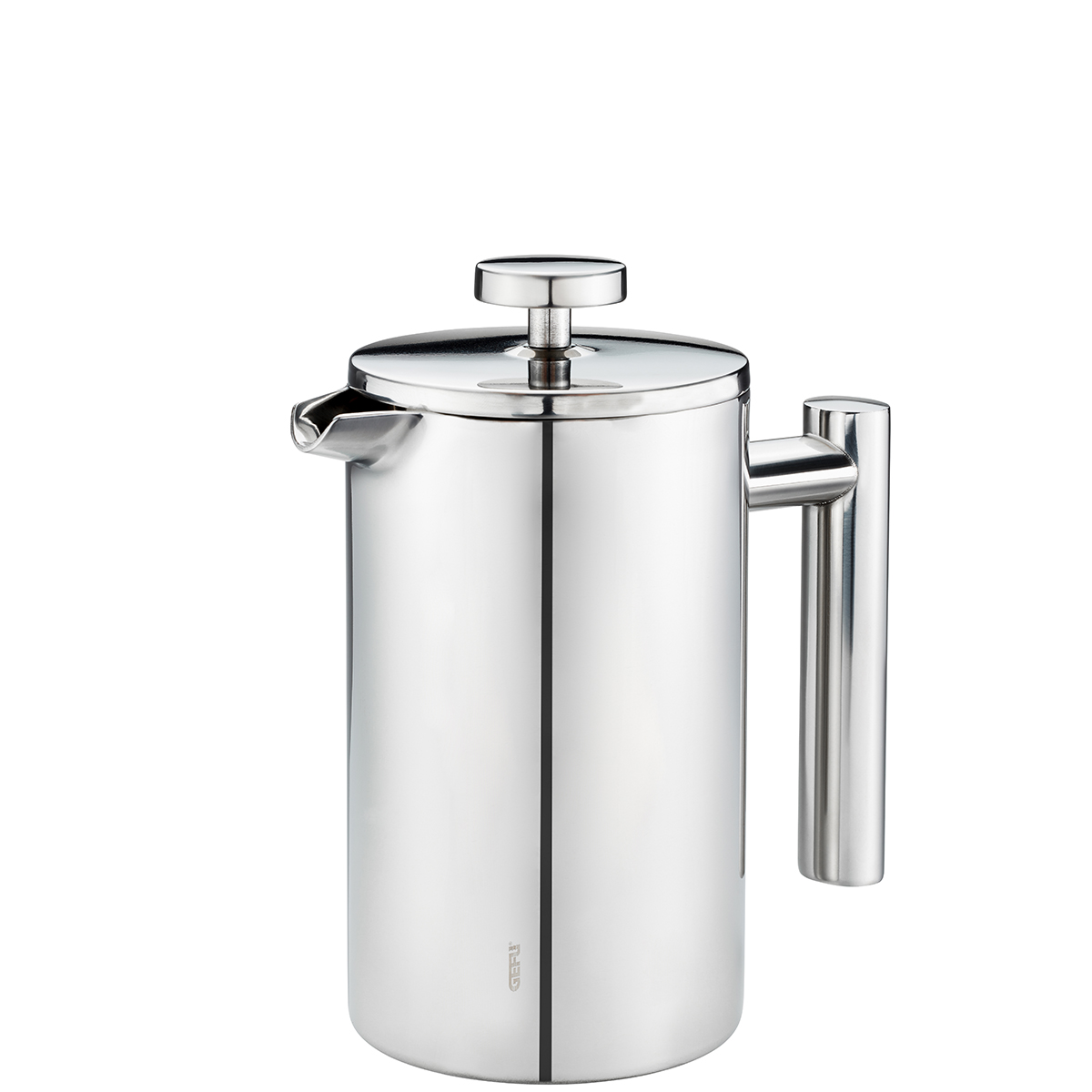 Elegante Edelstahl-Pressfilterkanne für aromatischen Kaffeegenuss Silberne Edelstahl-Pressfilterkanne mit robustem Griff und Ausgießer