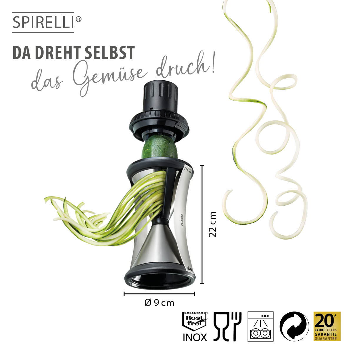 Spirelli Spiralschneider für Gemüse – Edelstahl, 20 Jahre Garantie Spirelli Spiralschneider zum Erstellen von Gemüsespiralen, aus Edelstahl, zeigt geschnittene Zucchini und Maße