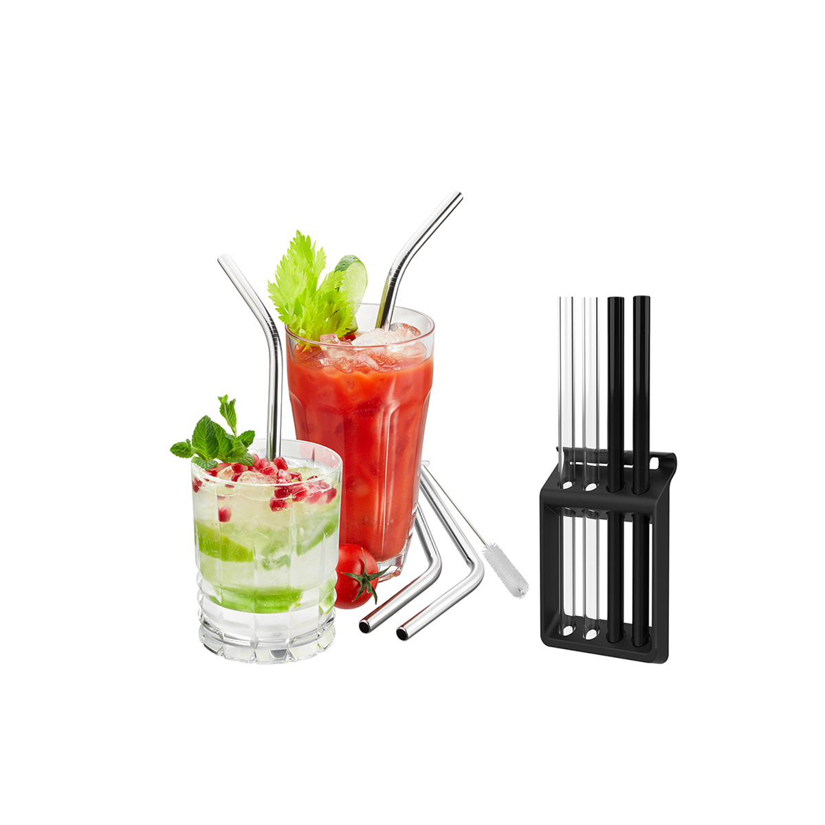 Edelstahl-Trinkhalm-Set mit Reinigungsbürste und Halter - umweltfreundliche Alternative Edelstahl-Trinkhalm-Set mit Reinigungsbürste und Halter, neben Gläsern mit Cocktail und grünem Smoothie