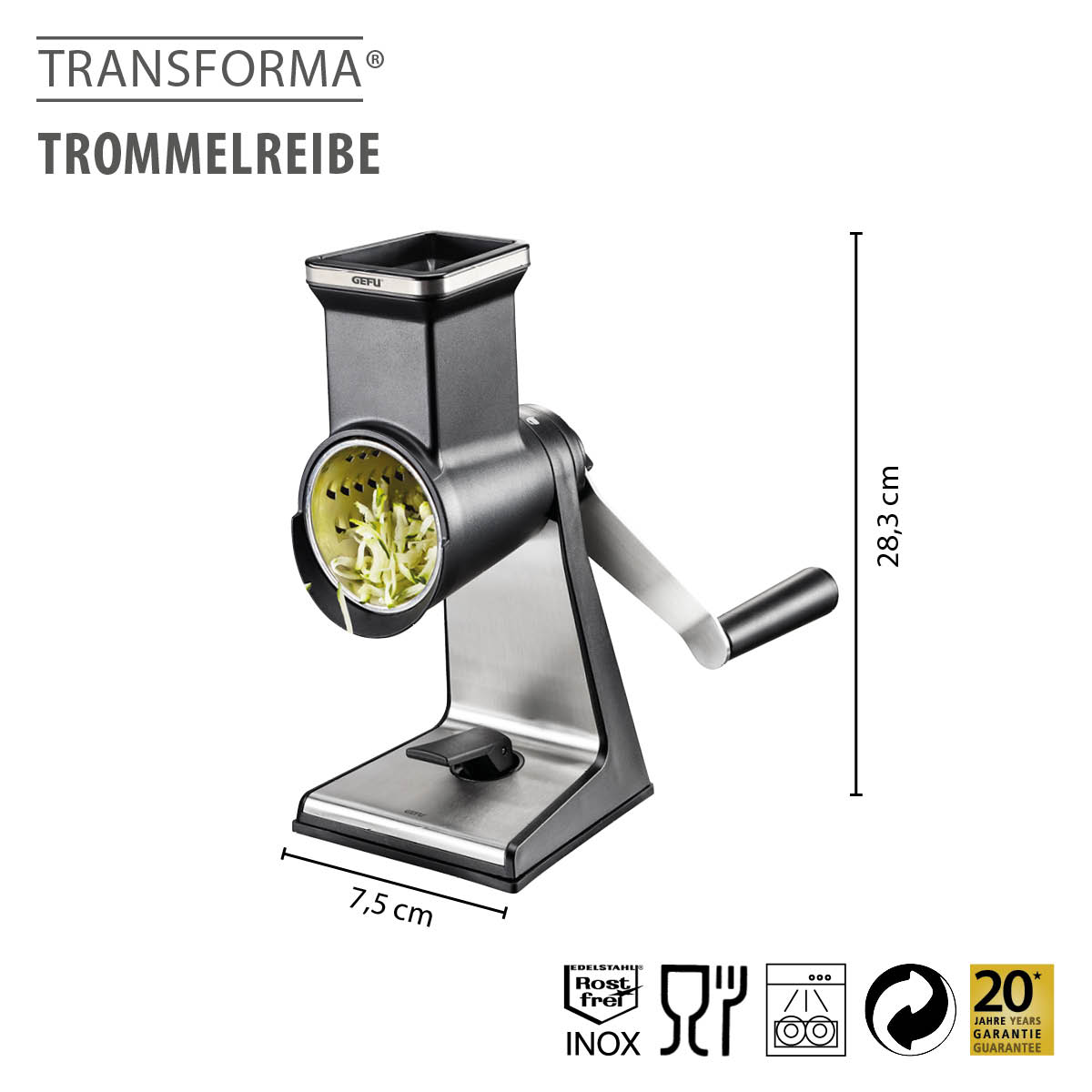 Gefu Transforma Trommelreibe - Innovatives Küchengerät aus Edelstahl Abbildung der Gefu Transforma Trommelreibe, einem rostfreien Küchengerät mit Kurbel zur einfachen Zubereitung von Gemüse.