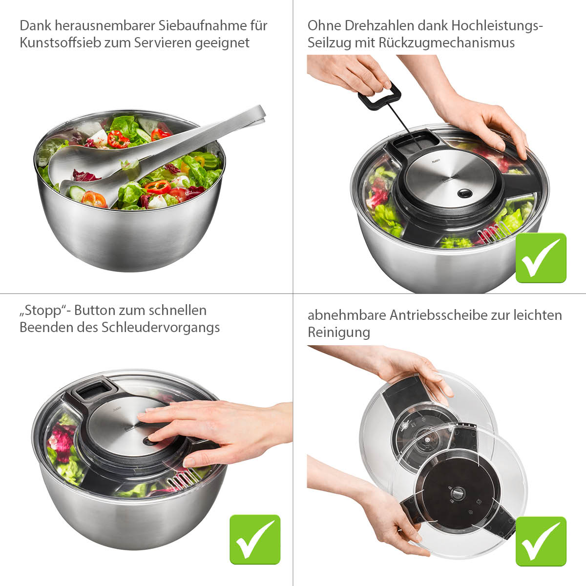 Hochwertige Salatschleuder aus Edelstahl mit herausnehmbarer Siebaufsatz und Seilzug-Mechanismus Bild einer Edelstahl-Salatschleuder mit herausnehmbarem Sieb, Seilzug für müheloses Schleudern, Stopp-Button und abnehmbarer Antriebsscheibe zur einfachen Reinigung