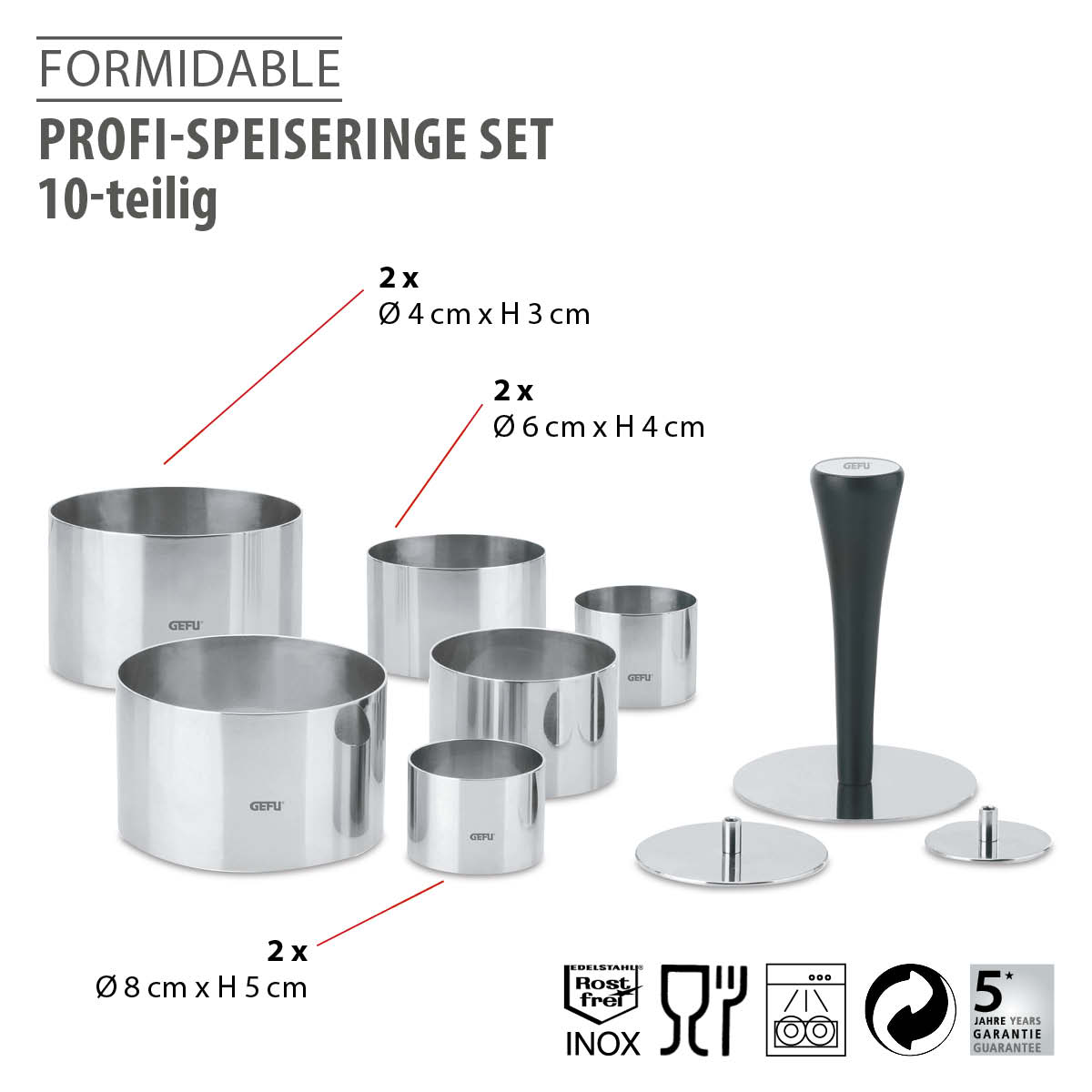 Abbildung des Formidable Profi-Speiseringe Set, 10-teilig, aus Edelstahl in verschiedenen Größen mit Stützen.