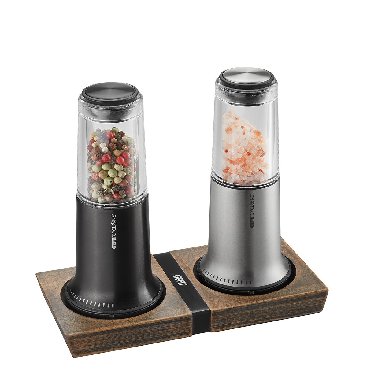 Elegantes Salz- und Pfeffermühlenset mit Holzhalterung Salz- und Pfeffermühlenset aus Edelstahl mit Holzhalterung und transparentem Gehäuse