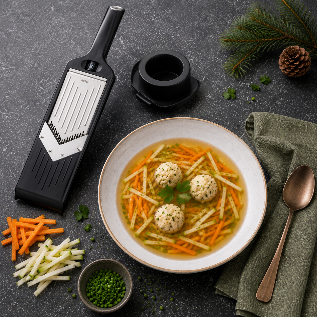 Winterconsommé mit Gemüse-Julienne & Kräuterklößchen