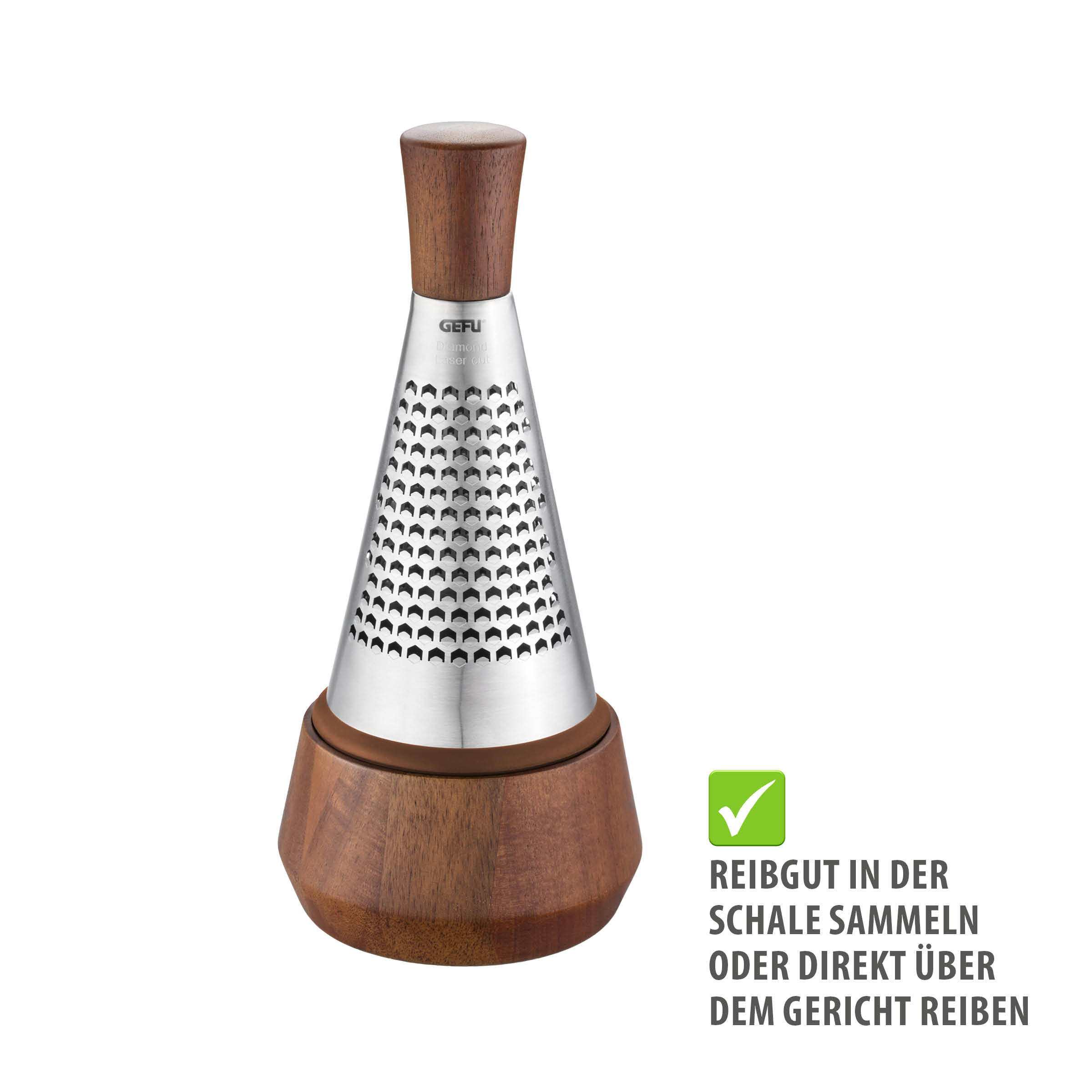 Kegelreibe CASEO von GEFU aus Edelstahl mit Griff und Schale in Walnussholzoptik, zwei Reibflächen (fein und grob) für Käse, Schokolade und Gewürze, rutschfester Silikonring