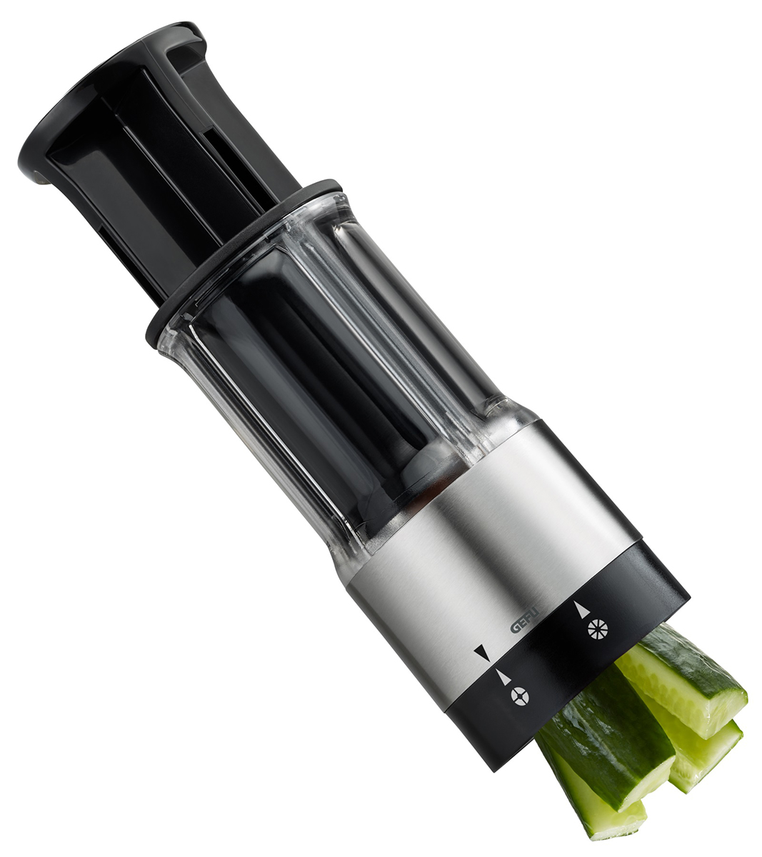Effizienter Spiralschneider für Gemüse in modernem Design Spiralschneider mit Edelstahl-Optik schneidet Gurken in gleichmäßige Spiralen