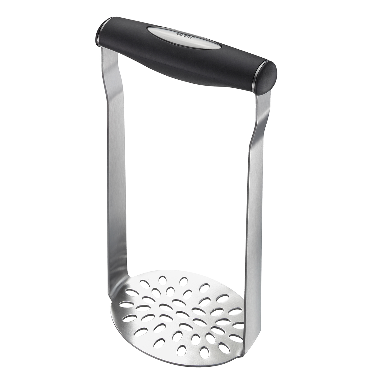 Robuster Kartoffelstampfer aus Edelstahl mit ergonomischem Griff Kartoffelstampfer aus Edelstahl mit schwarzem Griff und Lochdesign