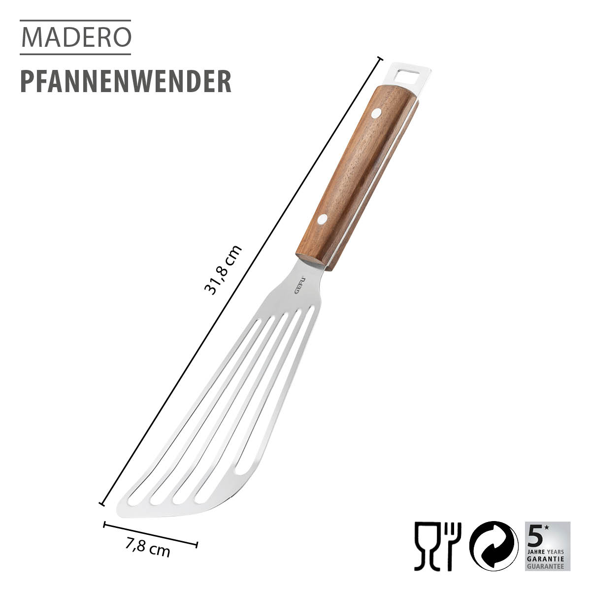Pfannenwender aus Edelstahl mit Holzgriff, Länge 31,8 cm, Markenlabel Madero