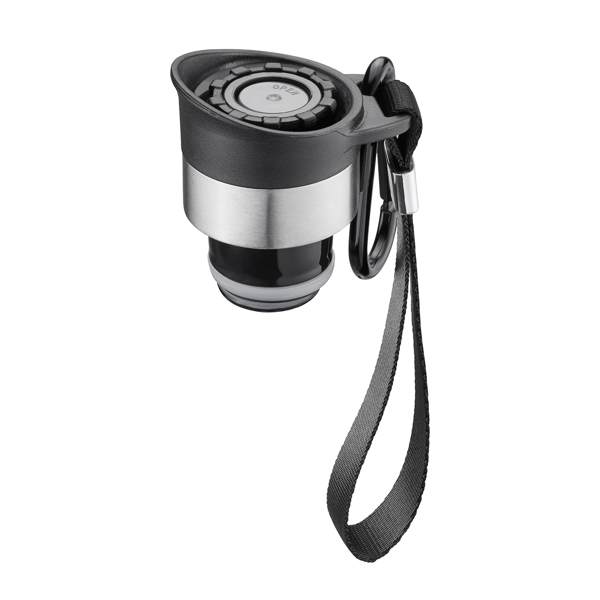 Moderner Thermosflaschenverschluss mit Trageband aus Edelstahl und Kunststoff Nahaufnahme eines praktischen Thermosverschlusses mit abnehmbarem Trageband, ideal für unterwegs.