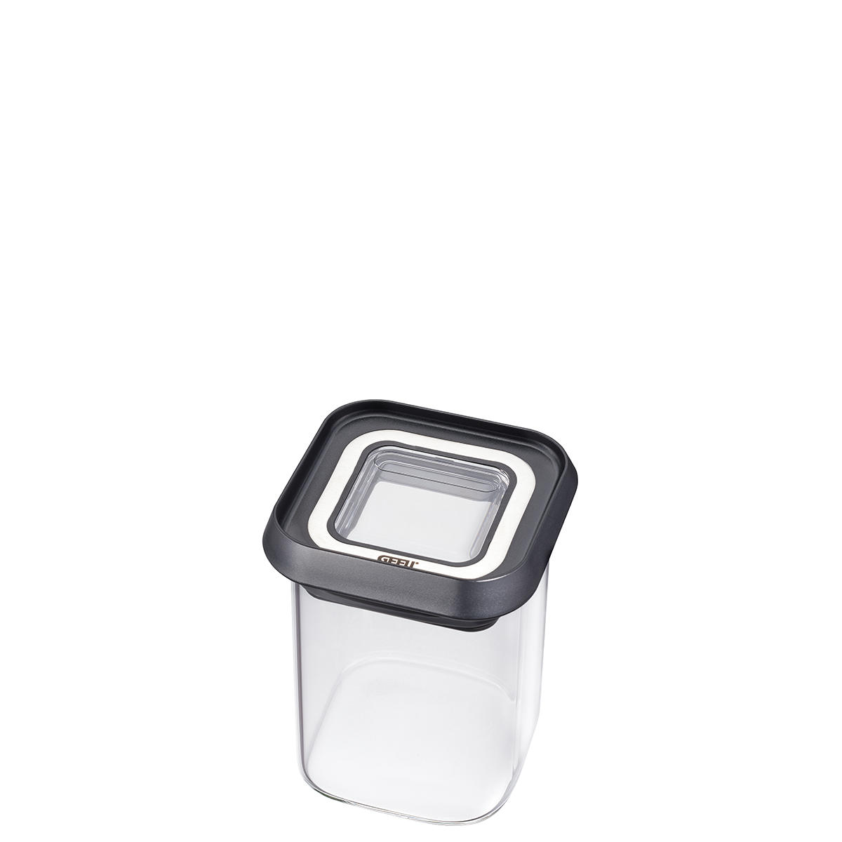 Quadratische Frischhaltedose mit schwarzem Deckel Transparente quadratische Frischhaltedose mit modernem schwarzen Deckel, ideal zur Aufbewahrung von Lebensmitteln
