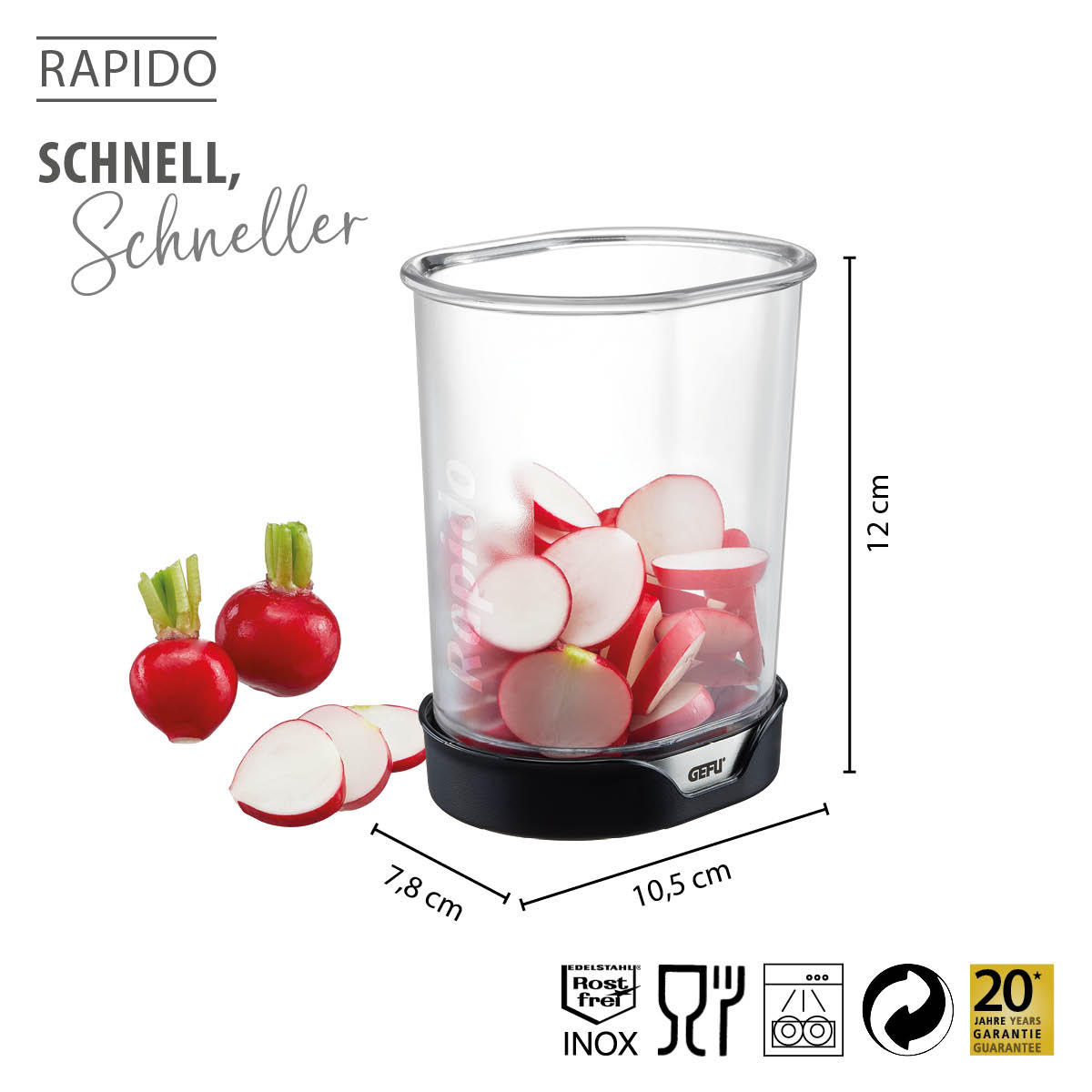 GEFU Rapido Gemüseschneider - effizient und schnell GEFU Rapido Gemüseschneider mit geschnittenen Radieschen, ideal für schnelle Küchenarbeit.