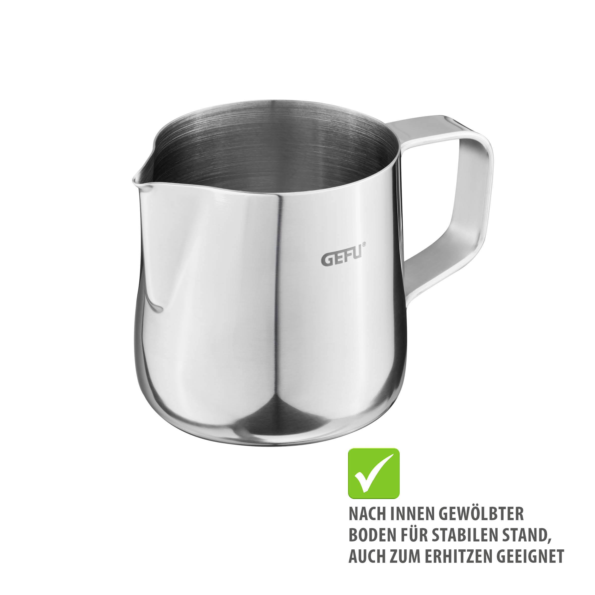 Milchkännchen BARISTA von GEFU aus Edelstahl mit 150 ml, nach innen gewölbtem Boden für stabilen Stand und extraschlanker Ausgießnase zum punktuellen Ausgießen, auch zum Erhitzen geeignet