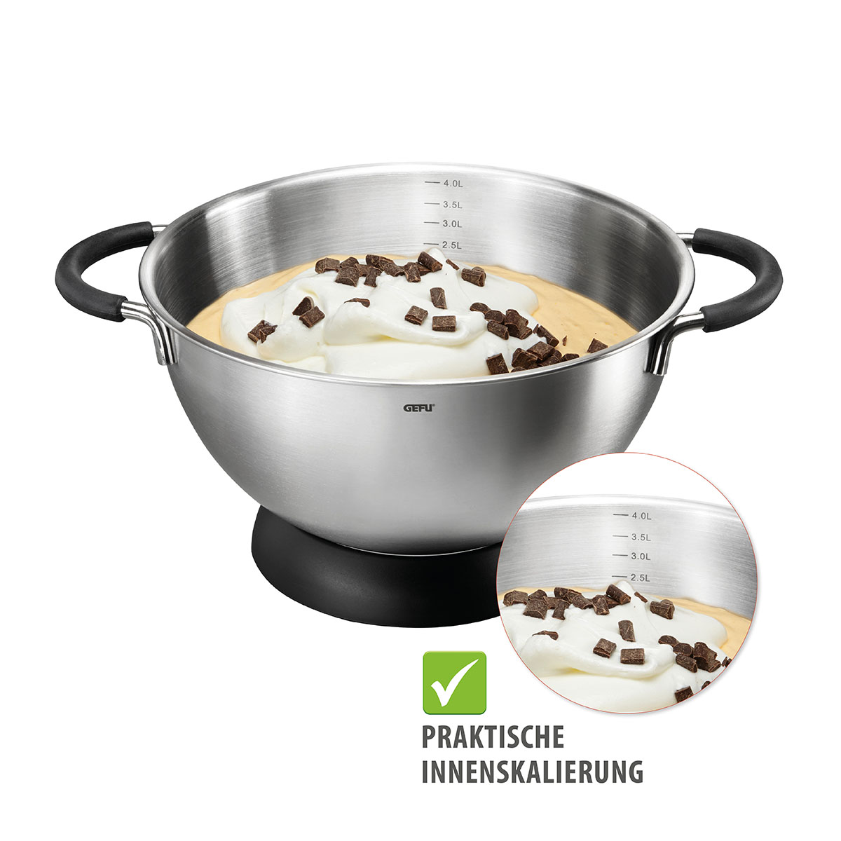 Große Edelstahl-Schüssel mit Gummigriffen, gefüllt mit Sahne und Schokolade, und einer Innenskalierung bis 4 Liter