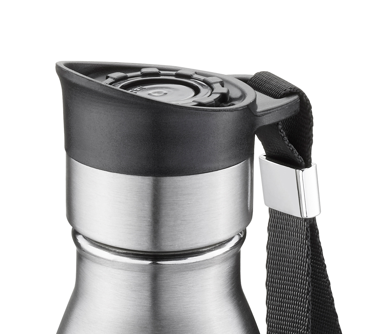 Isolierte Edelstahltrinkflasche mit schwarzem Deckel und Trageschlaufe Nahaufnahme einer isolierten Edelstahltrinkflasche mit schwarzem Deckel und integrierter Trageschlaufe