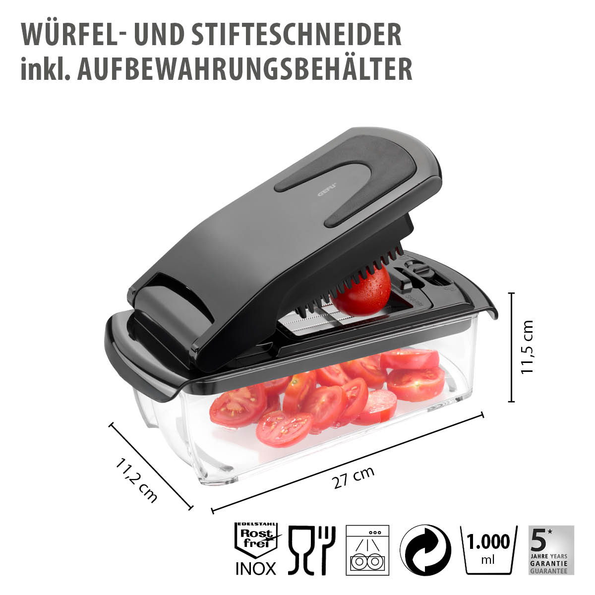 Bild eines Würfel- und Stifteschneiders mit Aufbewahrungsbehälter aus rostfreiem Material, ideal für die einfache Zubereitung von Gemüse.