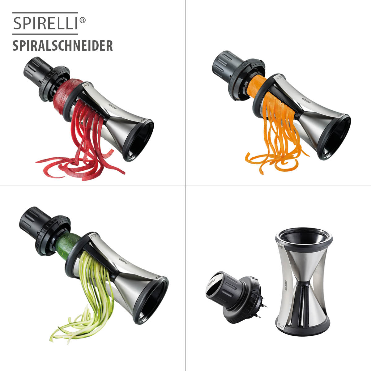 Spiralschneider Spirelli für Gemüse-Spaghetti Dreiteiliges Set des Spiralschneiders Spirelli, geeignet für verschiedene Gemüsesorten in Spiralen, inkl. Halter.