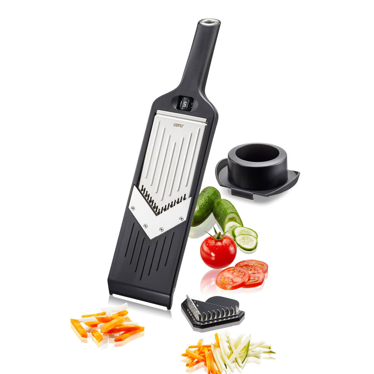 Julienne-Gemüsehobel mit Edelstahlklingen und Gemüsehalter Schwarzer Gemüsehobel mit Edelstahlklingen, geschnittenem Gemüse und Gemüsehalter
