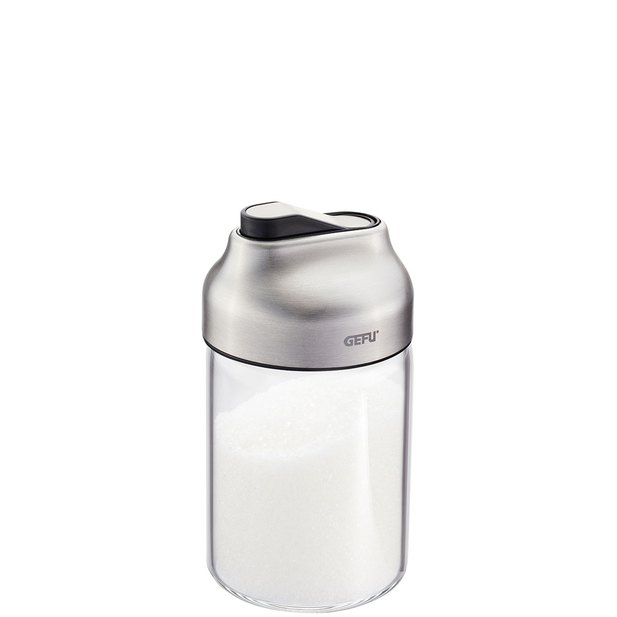Moderner Zuckerspender aus Glas und Edelstahl Eleganter Zuckerspender mit Edelstahlverschluss und Glasbehälter