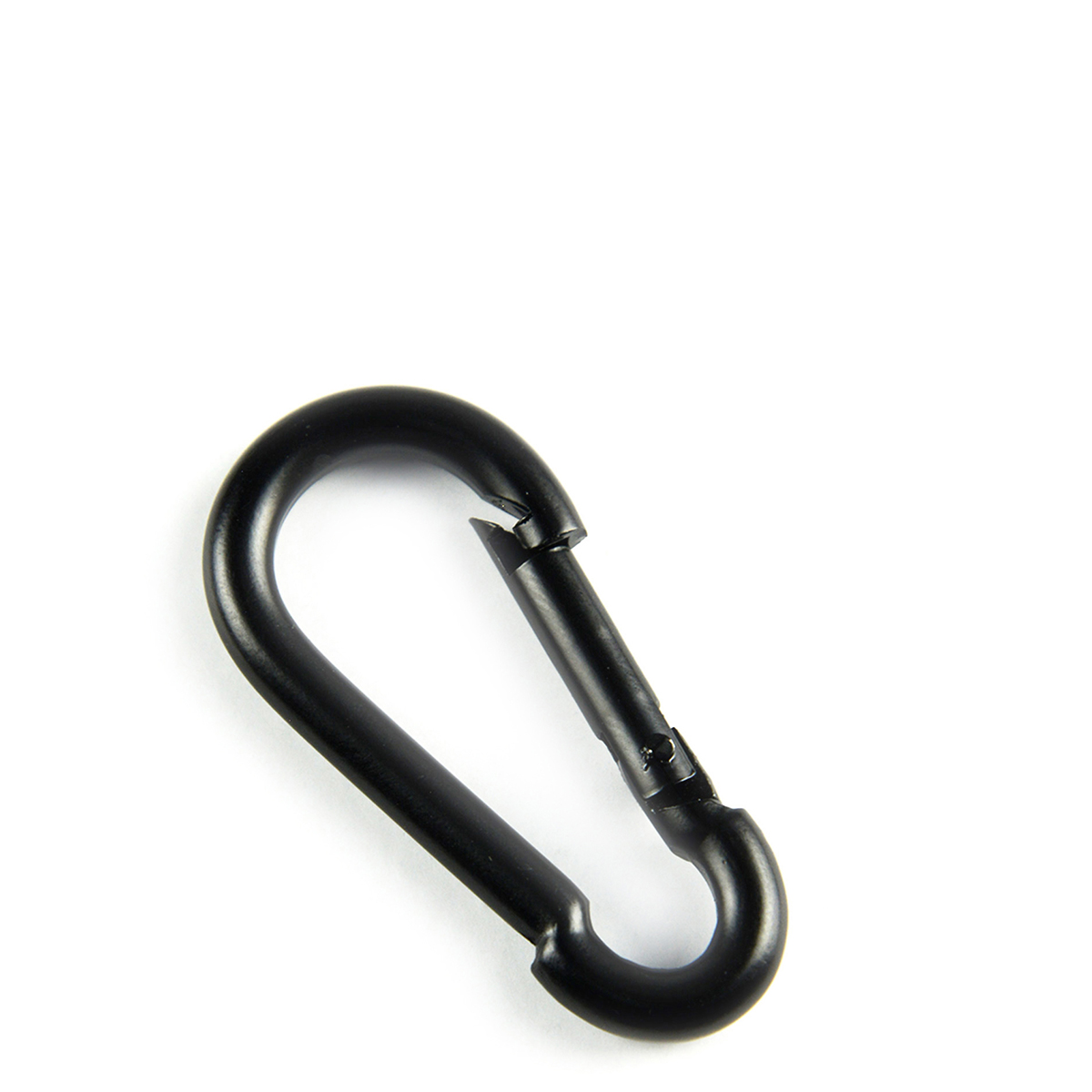 Stabiler schwarzer Karabinerhaken für Outdoor-Aktivitäten Schwarzer Karabinerhaken auf weißem Hintergrund, ideal für Klettern und Camping