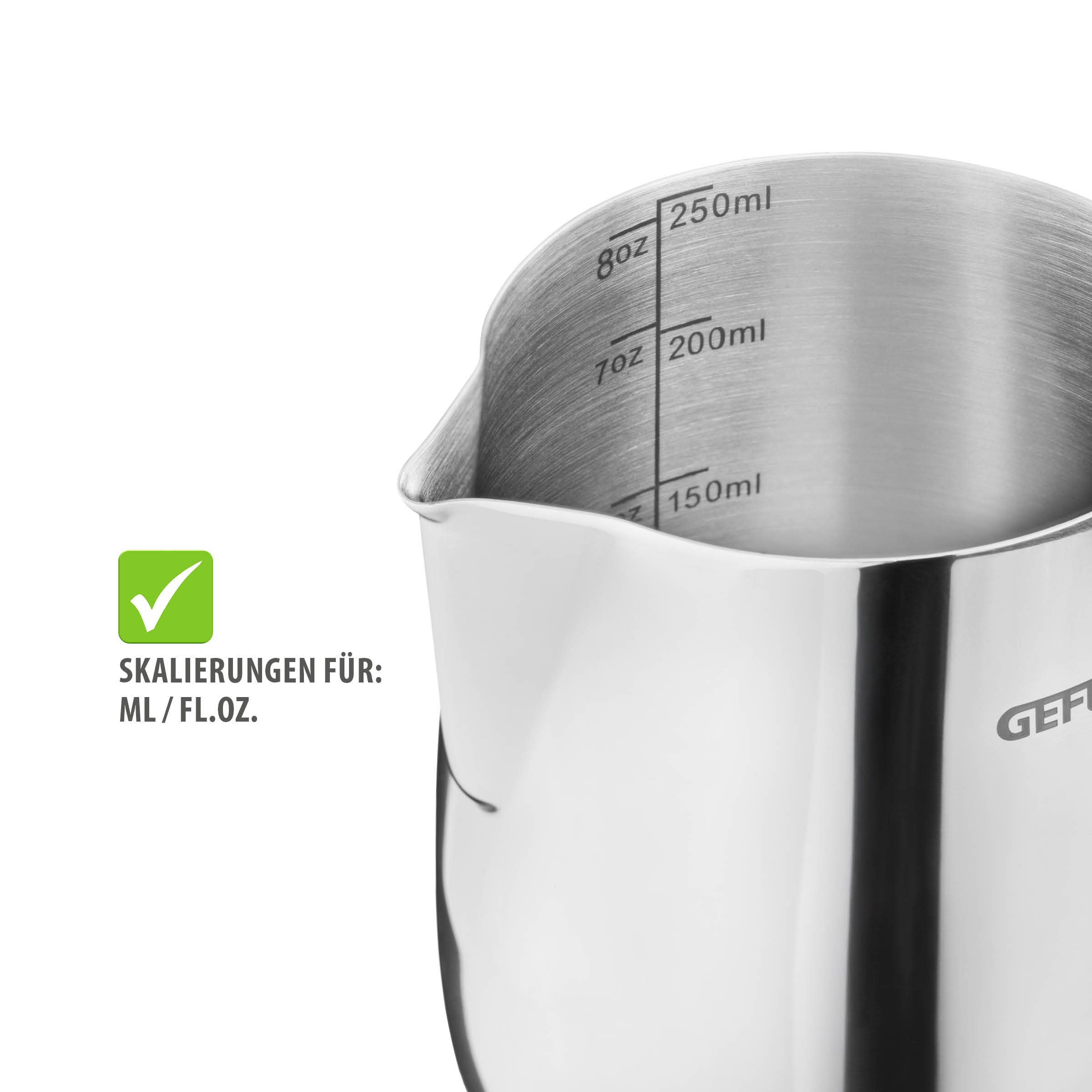 Milchkännchen BARISTA von GEFU mit 250 ml Füllvolumen, innenliegender ml- und fl.oz.-Skalierung, extraschlanker Ausgießnase und stabilem Edelstahl-Korpus