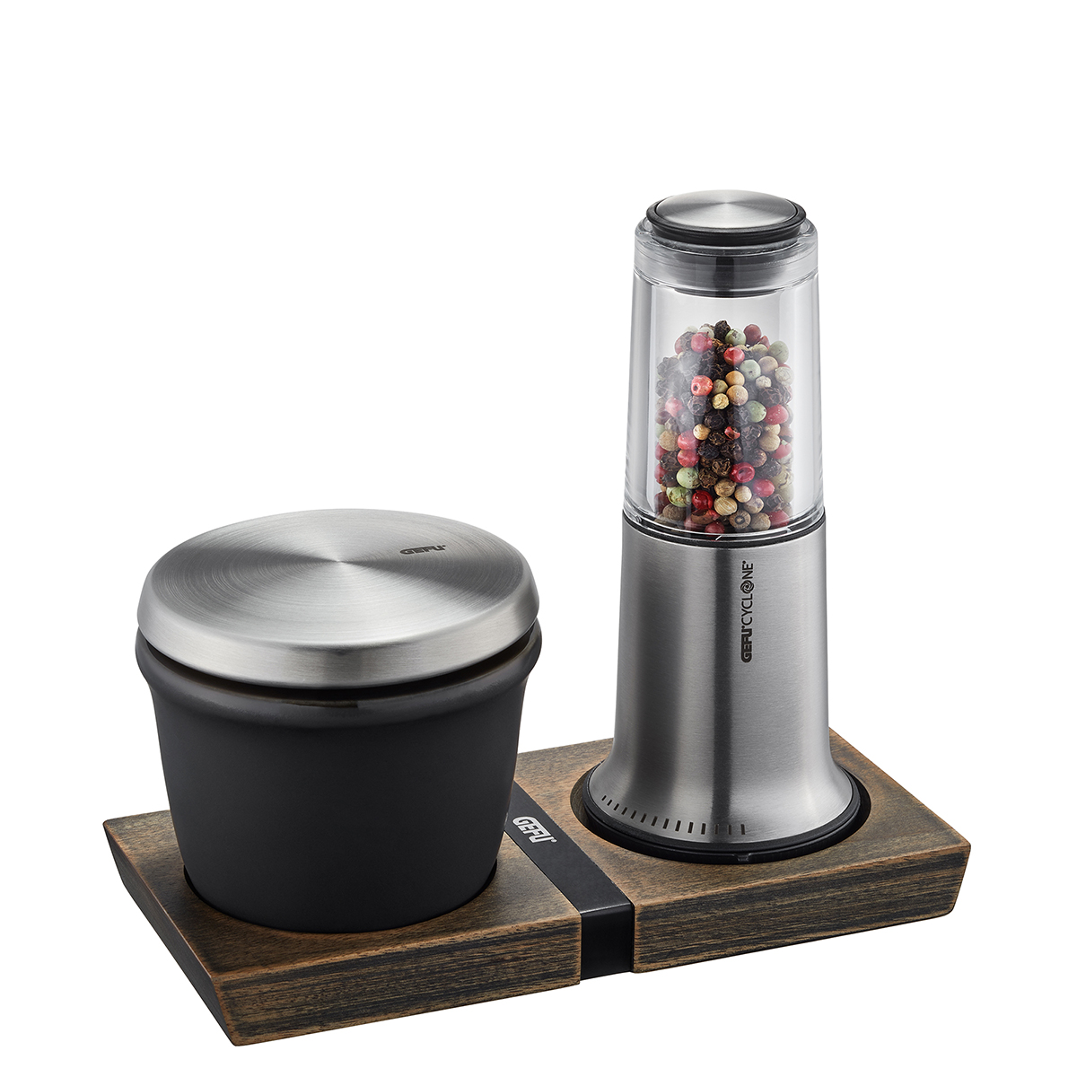 Edles Gewürzmühlenset aus Edelstahl und Holz Gewürzmühlenset mit Edelstahl und Holz, inkludiert Pfeffermühle mit buntem Pfeffer