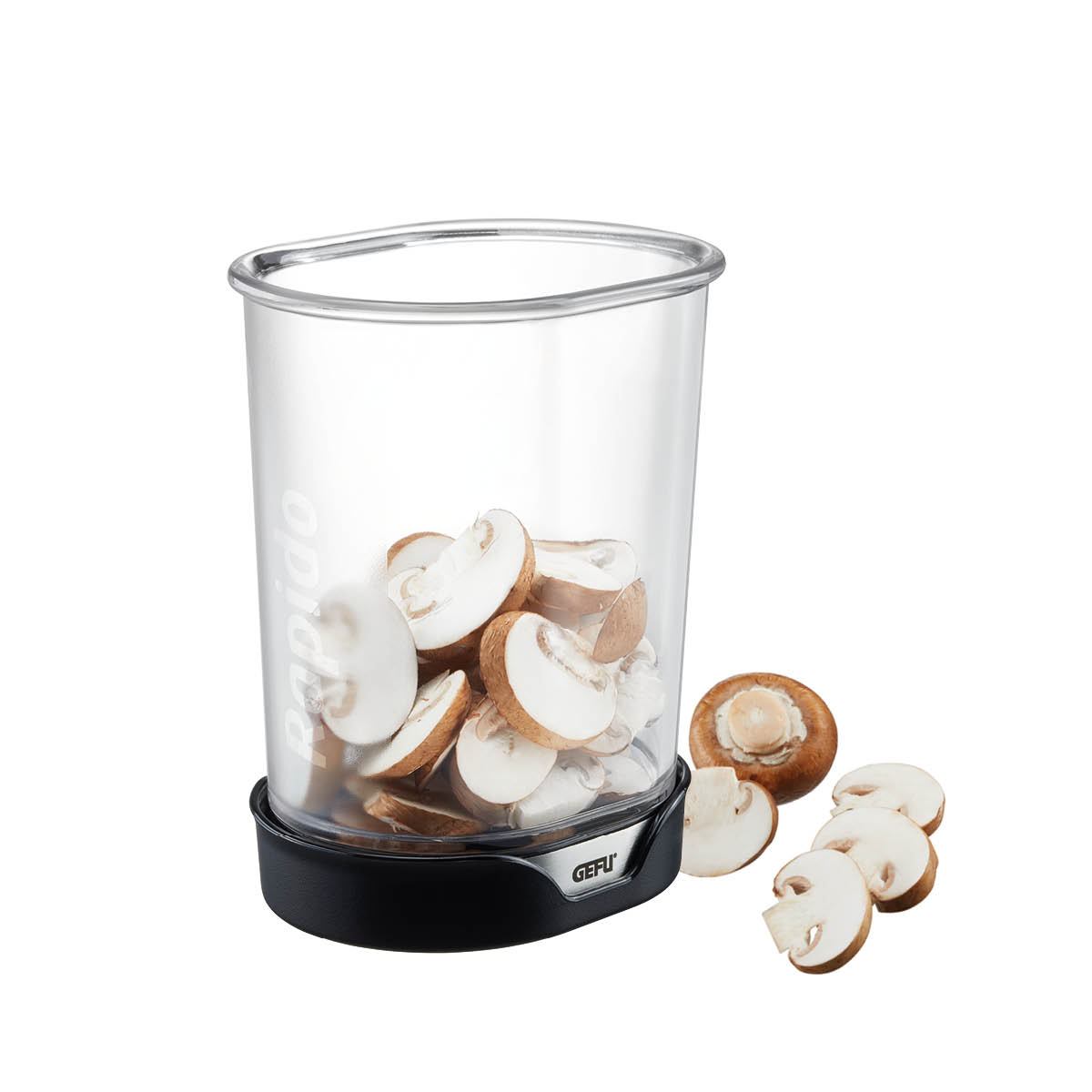 Gefu Rapido Gemüseschneider mit frischen Champignons Gefu Rapido Gemüseschneider für präzises Schneiden von Champignons