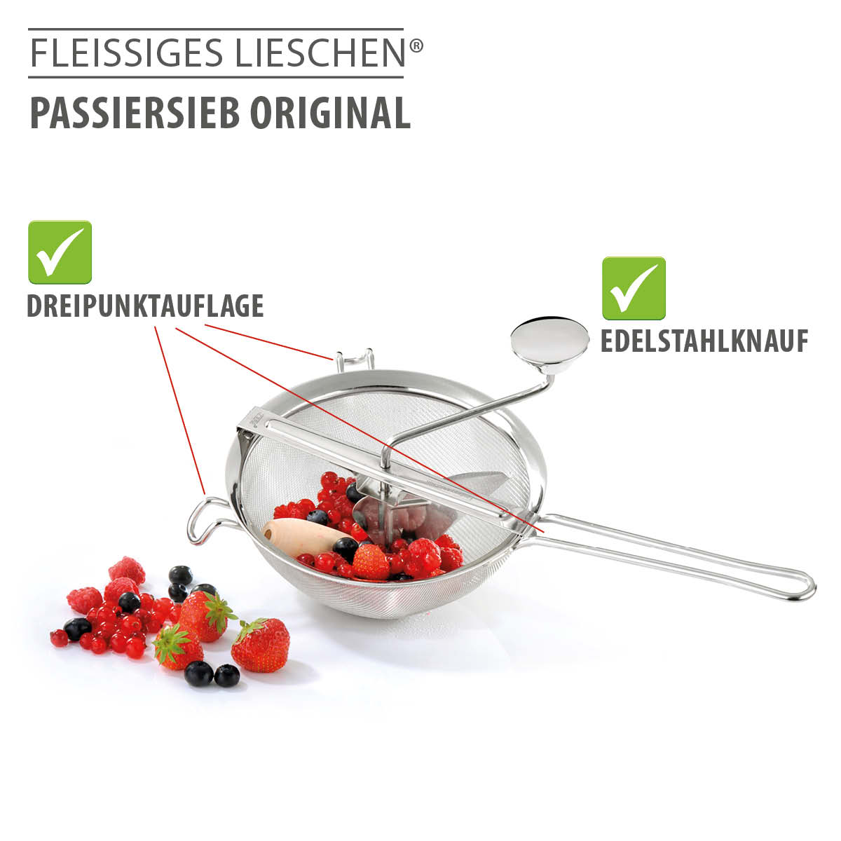 Fleissiges Lieschen Passiersieb Original mit Dreipunktauflage und Edelstahlknauf Fleissiges Lieschen Passiersieb Original mit Edelstahlknauf und Dreipunktauflage, gefüllt mit frischen Beeren