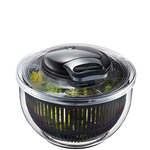 Hochwertige Salatschleuder mit transparentem Behälter und schwarzem Deckel Salatschleuder mit schwarzem Deckel und grünem Salat im transparenten Behälter