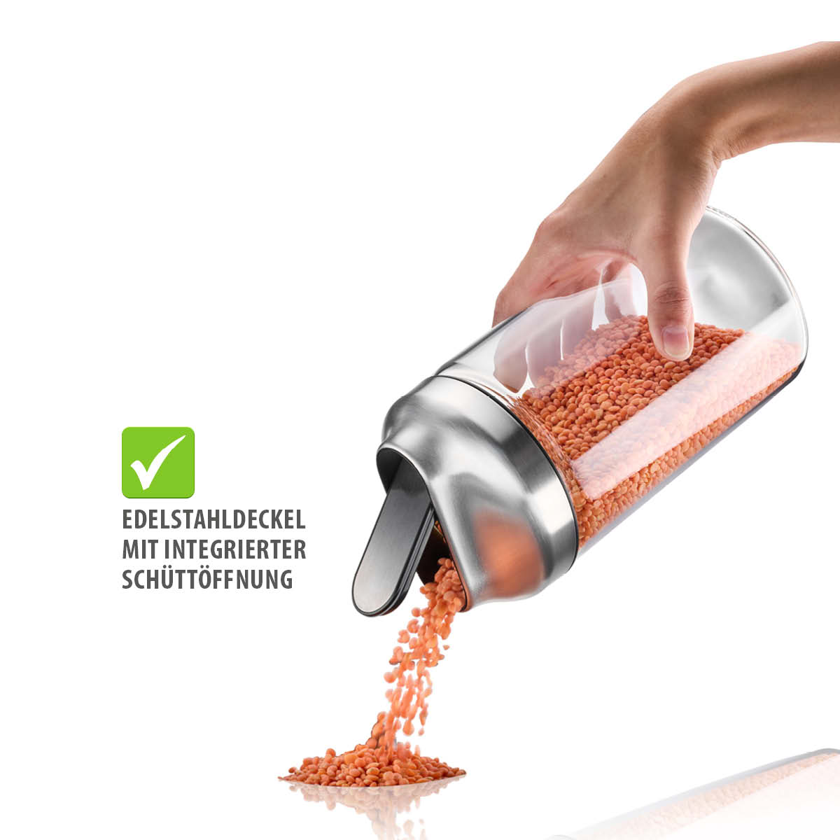 Vorratsbehälter mit Edelstahl-Deckel und Schüttöffnung für einfache Dosierung Ein Vorratsbehälter mit einem Edelstahl-Deckel und einer integrierten Schüttöffnung, aus dem rote Linsen ausgegossen werden.