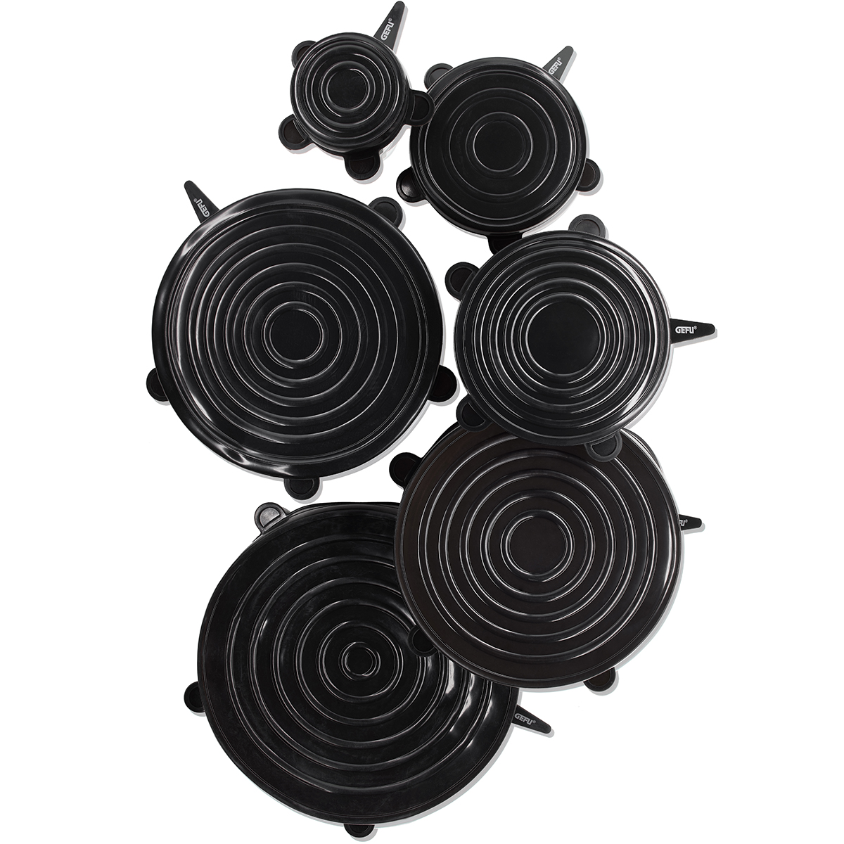 Sechs schwarze, runde Silikondeckel in unterschiedlichen Größen, ideal zum Abdecken von Töpfen und Schüsseln