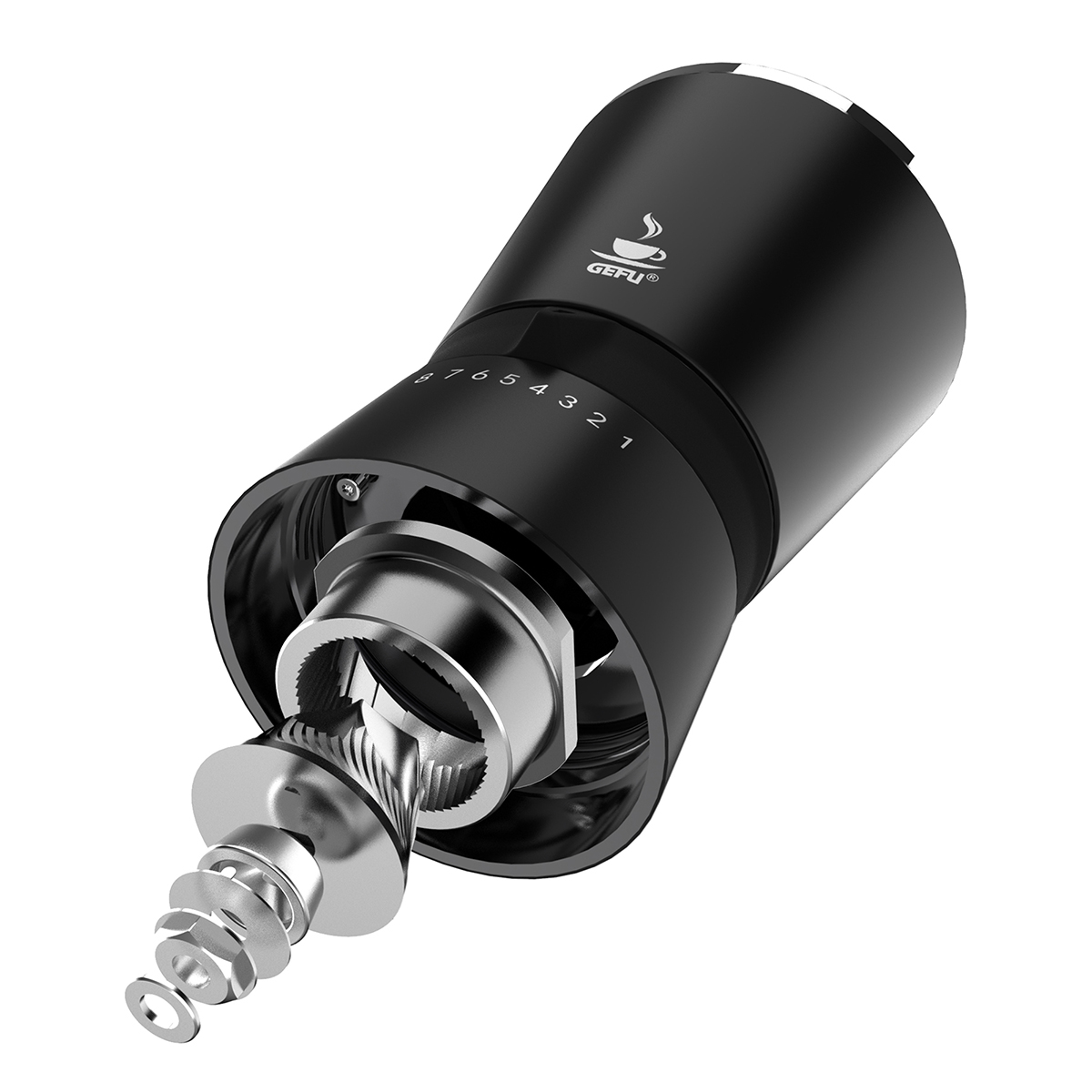 Premium-Kaffeemühle mit einstellbarem Mahlgrad Nahaufnahme einer modernen Kaffeemühle mit einstellbarem Mahlgrad und hochwertigem Edelstahlmahlwerk