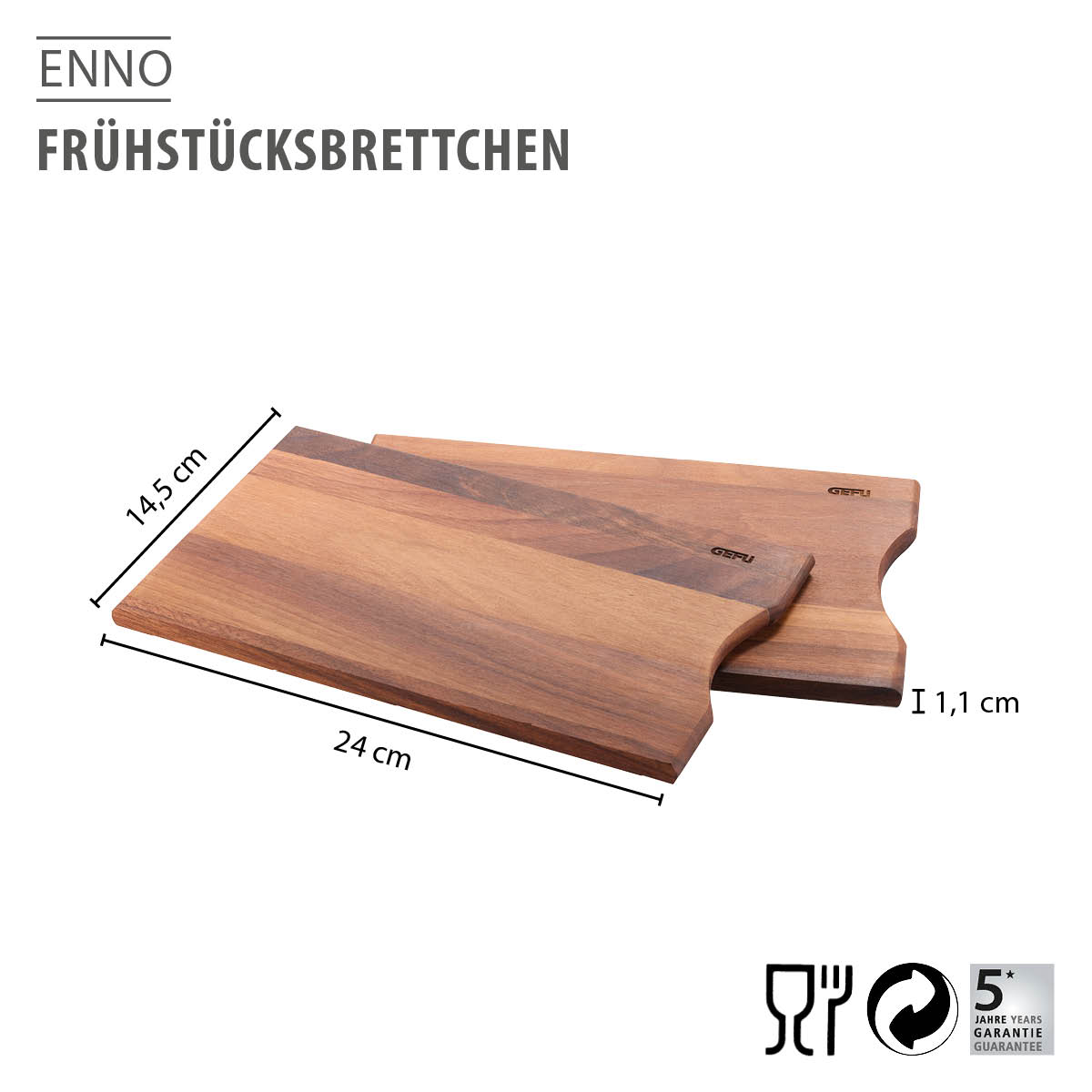 Zwei hölzerne Frühstücksbrettchen mit den Maßen 24 x 14,5 cm und 5 Jahre Garantie