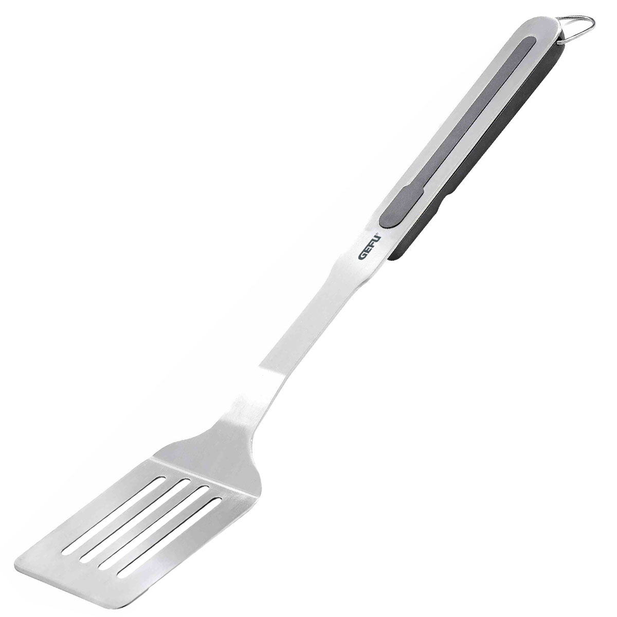 Hochwertiger Edelstahl-Grillwender mit ergonomischem Griff Ein Edelstahl-Grillwender mit ergonomischem Griff und praktischer Aufhängeschlaufe