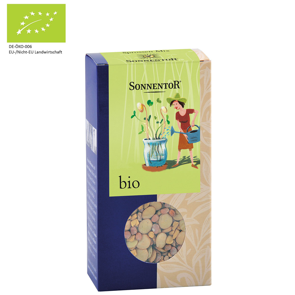 Sonnentor Bio-Saatgut mit EU-Bio-Siegel Verpackung von Sonnentor Bio-Saatgut mit EU-Bio-Siegel und Illustration einer Person, die Pflanzen gießt.