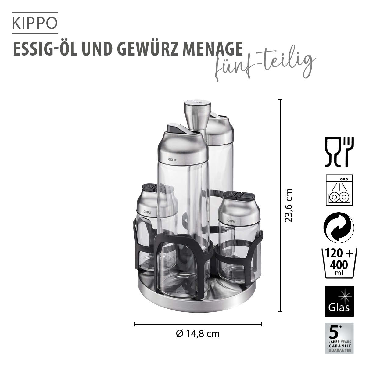 KIPPO Essig-Öl und Gewürz Menage, fünf-teilig Fünf-teiliges KIPPO Essig-Öl und Gewürz Set auf einem drehbaren Gestell