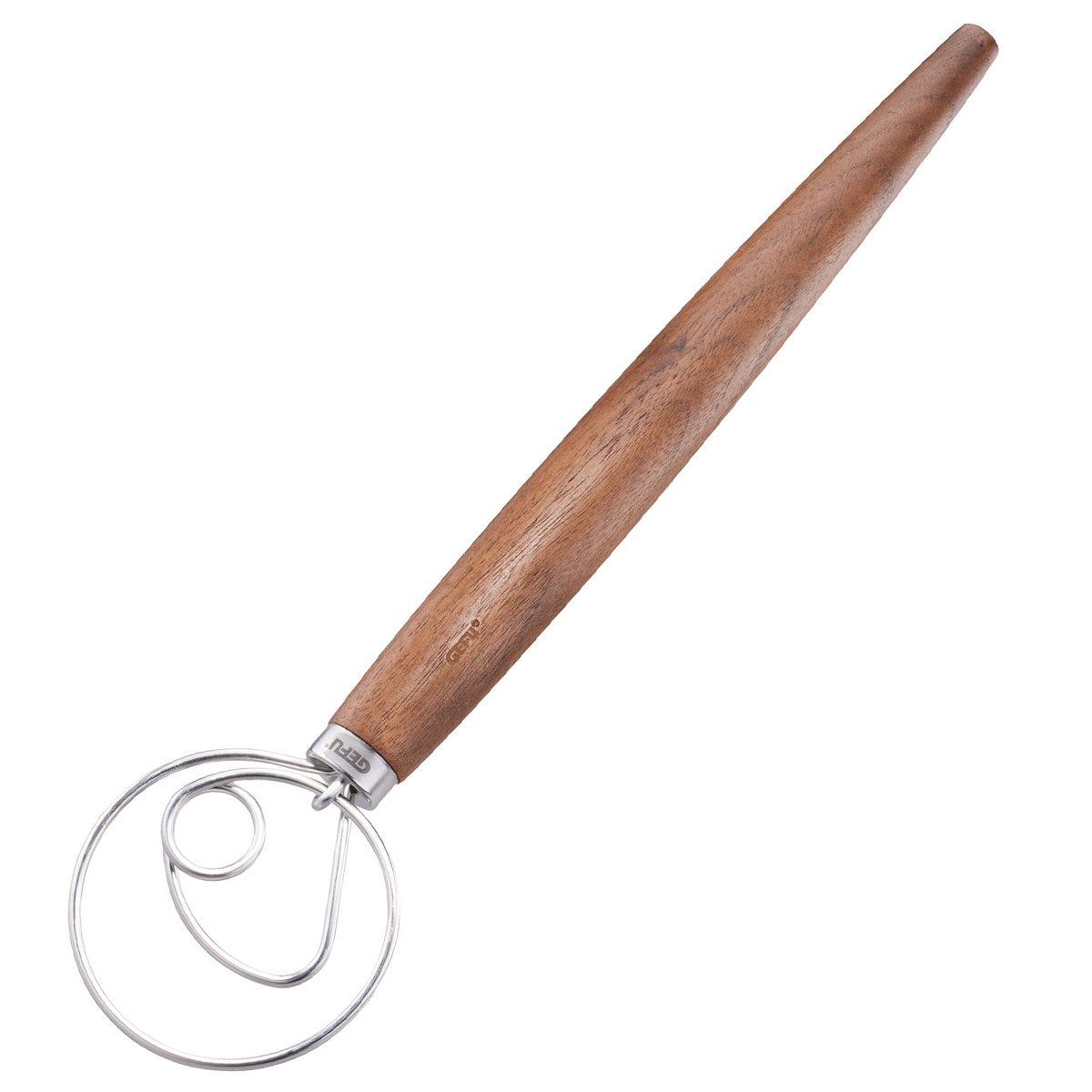 Teigschneider aus Edelstahl mit Holzgriff Teigschneider mit Edelstahlklinge und ergonomischem Holzgriff auf weißem Hintergrund