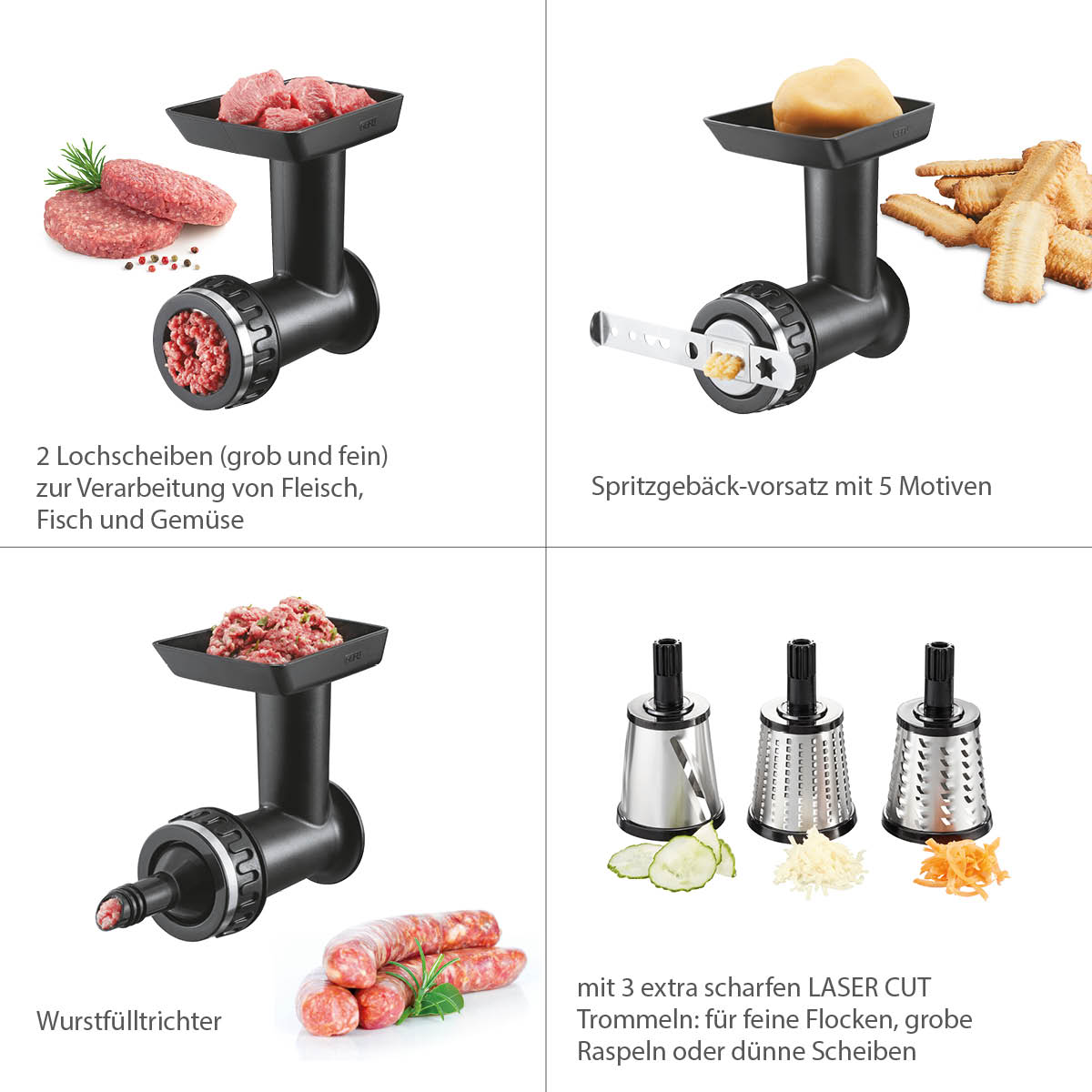 Fleischwolf-Aufsatz mit Spritzgebäck, Wurst und Reibetrommel