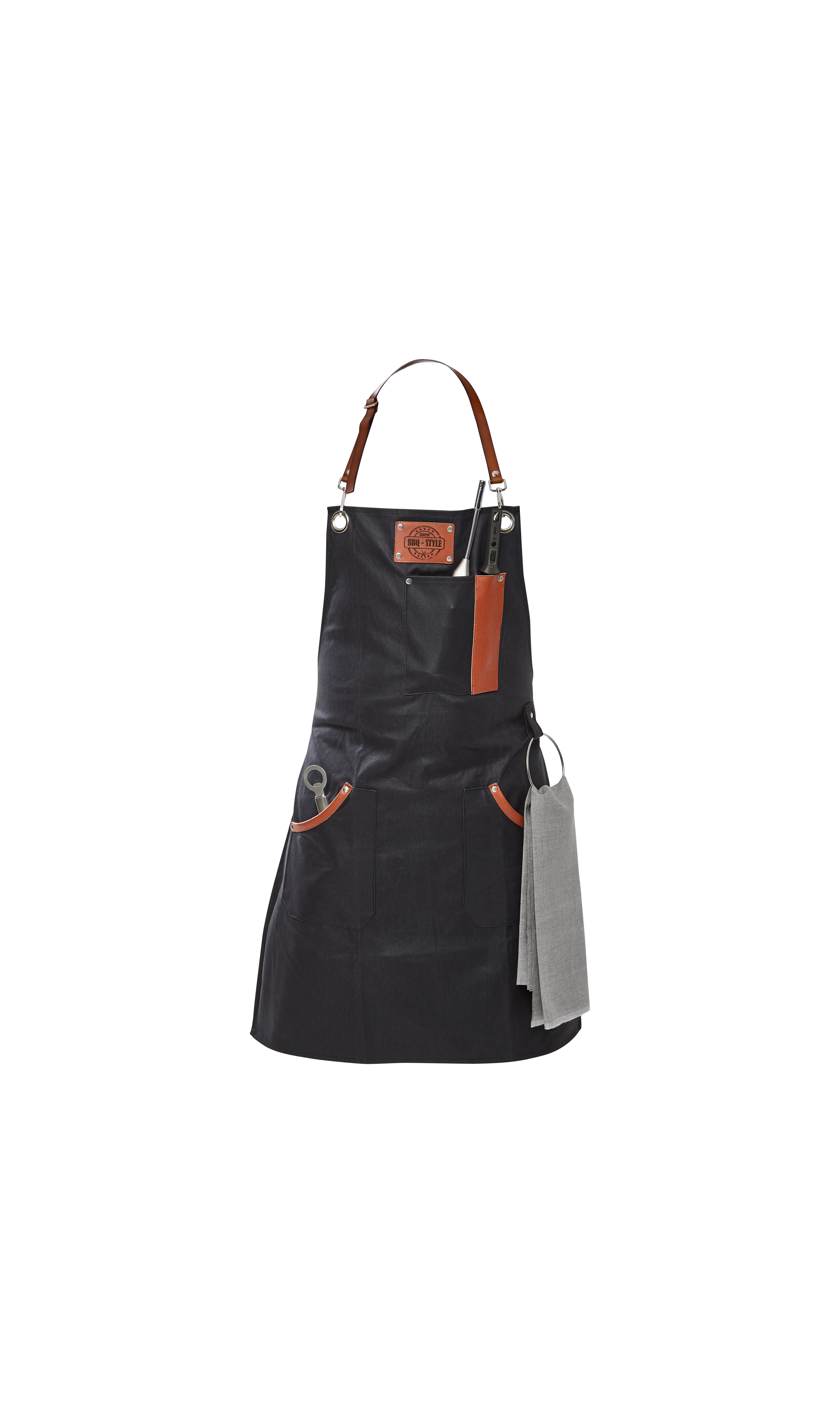 Hochwertige schwarze Grill-Schürze mit Taschen und Handtuchhalter Schwarze Grill-Schürze mit Lederdetails, Taschen und einem kleinen Handtuch.