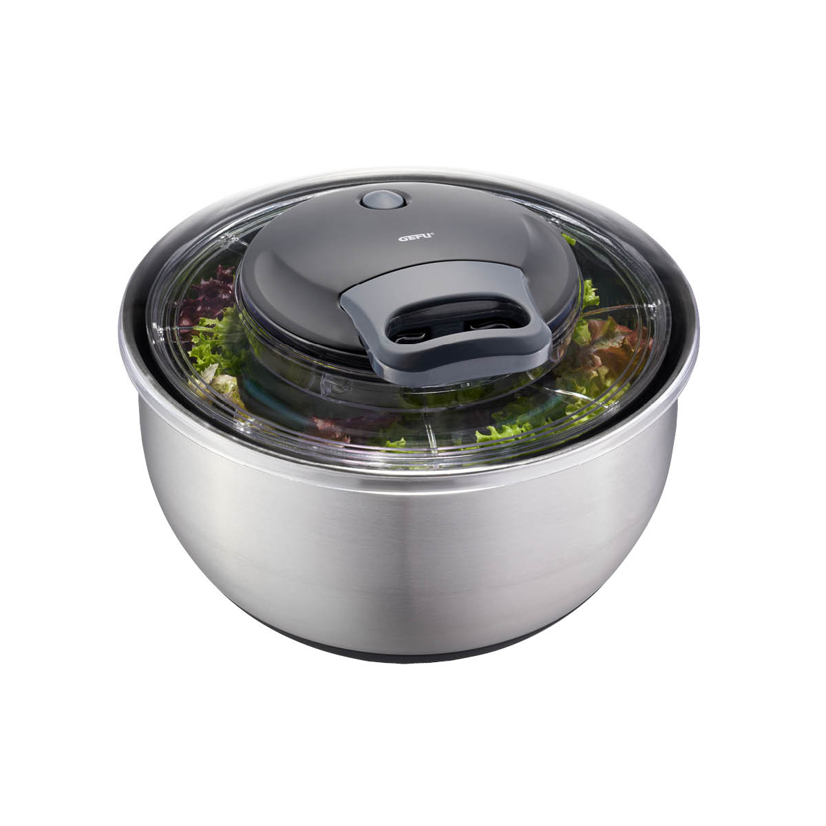 Hochwertige Edelstahl Salatschleuder mit Deckel Edelstahl Salatschleuder mit transparentem Deckel, gefüllt mit frischem Salat