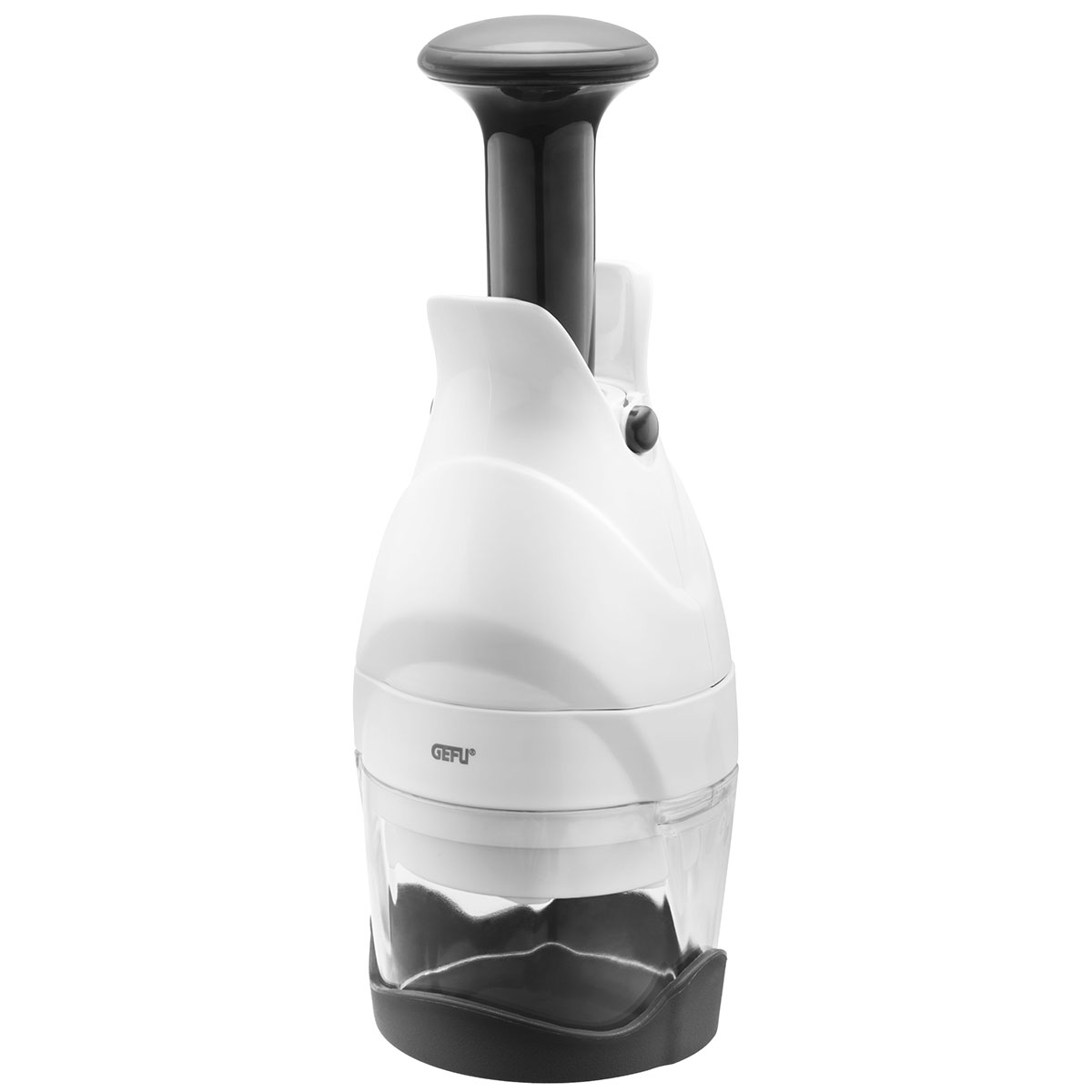 Praktischer Gemüsehacker GEFU Weiss Weißer Gemüsehacker GEFU mit transparentem Behälter und schwarzem Griff